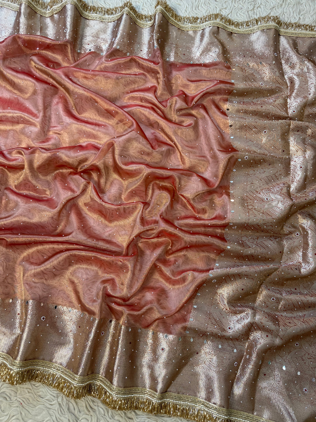 Designer Banarasi Tissue Saree with Pearl Work on all over Body with Intricate Border and Pallu Design Along with Gotta Patti Lace Work