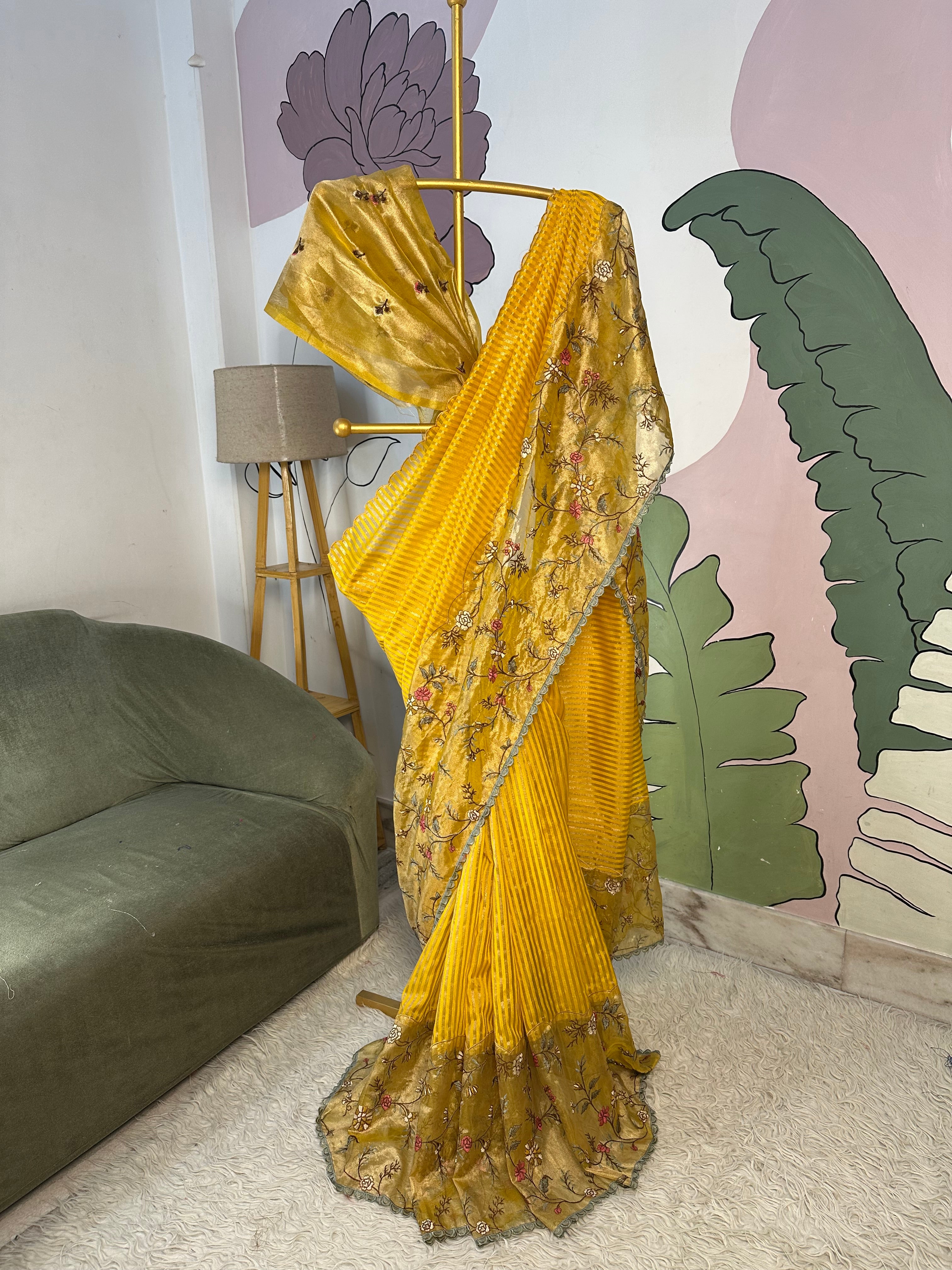 Yellow Designer Chiniya Tissue Silk Stripe Saree with multi color floral embroidered on Tissue Base