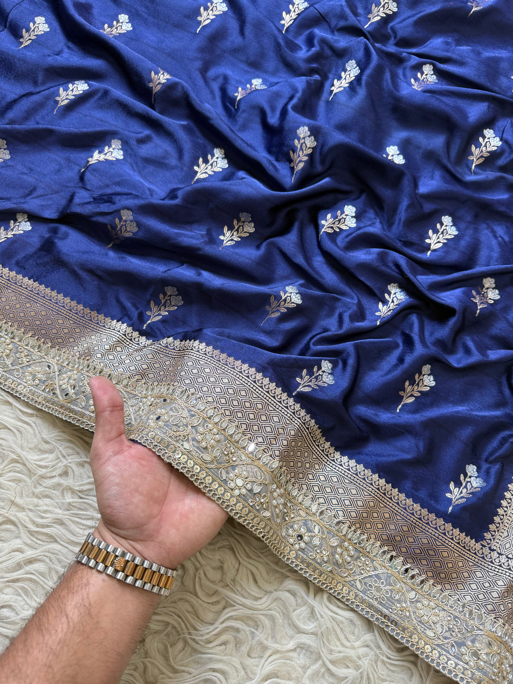 Banarasi Mashru Silk Saree All Over Alfi Meena Buta with pearl and mirror lace border