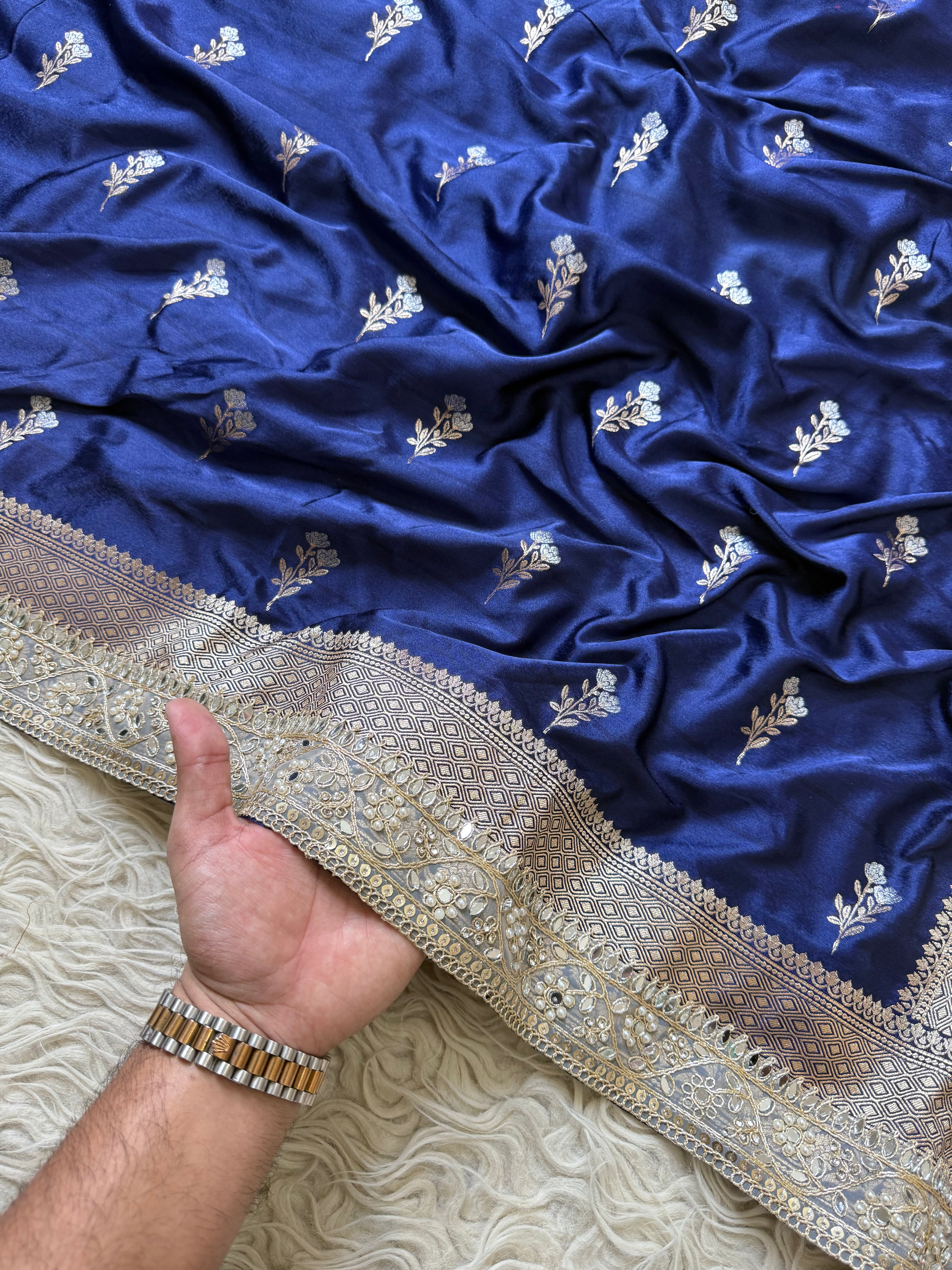 Banarasi Mashru Silk Saree All Over Alfi Meena Buta with pearl and mirror lace border