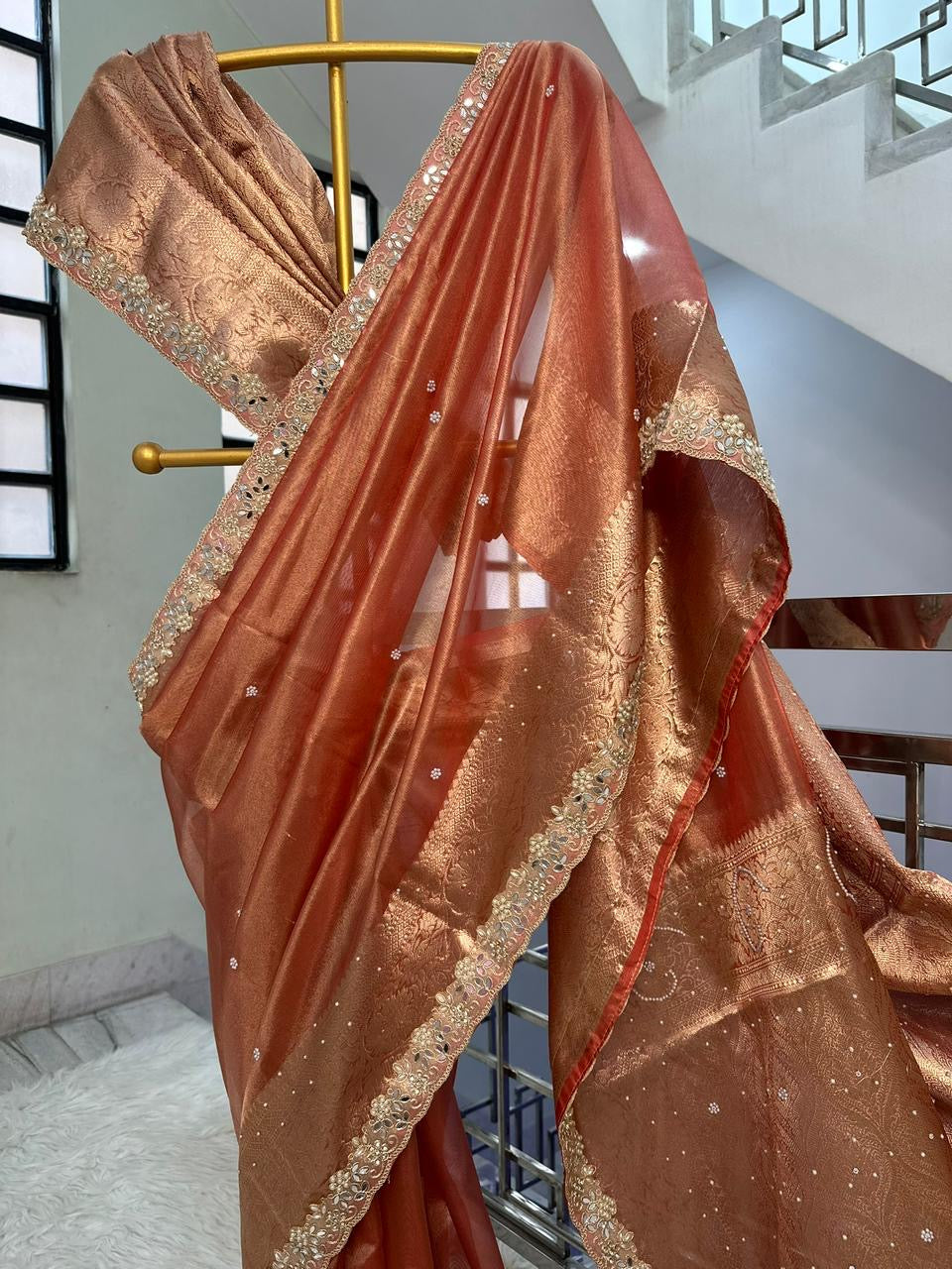 Designer Banarasi Tissue Saree with Pearl Work on all over Body with Intricate Border and Pallu Design Along with Gotta Patti Lace Work