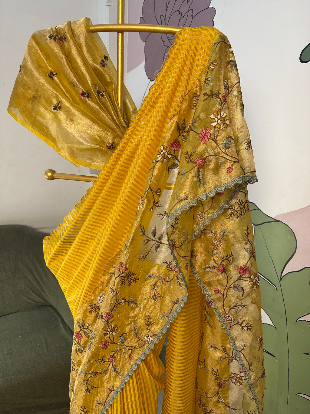 Yellow Designer Chiniya Tissue Silk Stripe Saree with multi color floral embroidered on Tissue Base