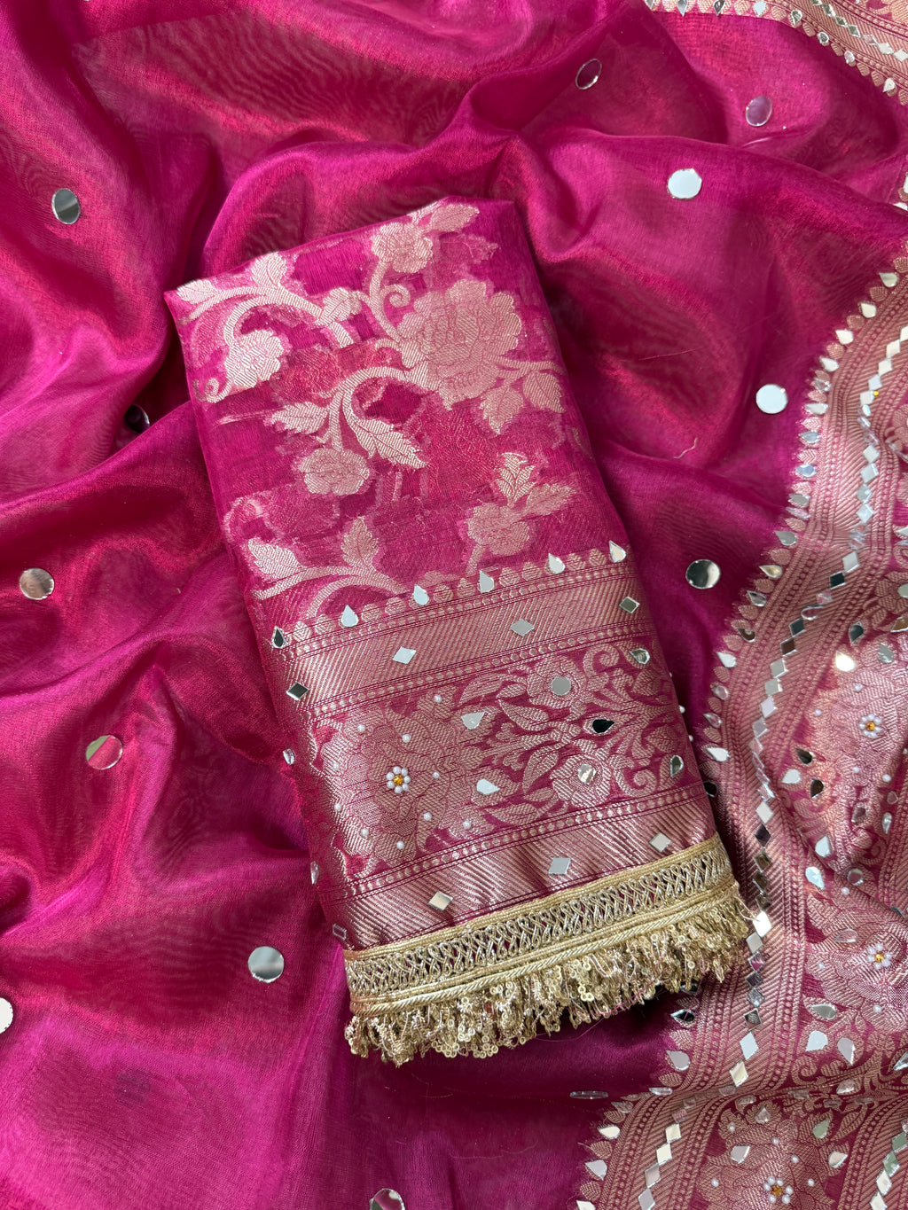 Designer Banarasi Tissue Saree with Pearl and mirror Work on all over Body with Intricate Border and Pallu Design Along with Gotta Patti Lace Work