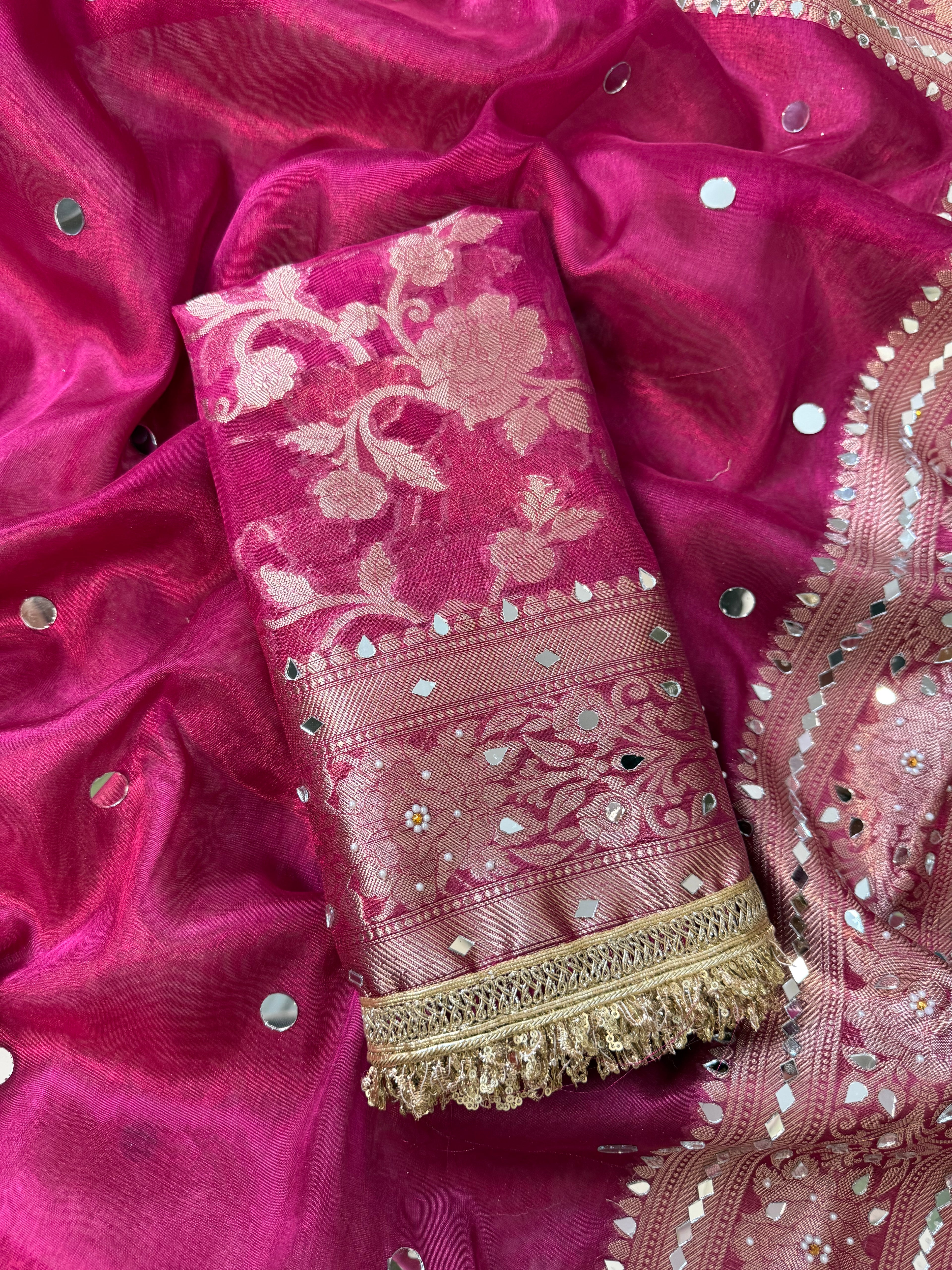 Designer Banarasi Tissue Saree with Pearl and mirror Work on all over Body with Intricate Border and Pallu Design Along with Gotta Patti Lace Work