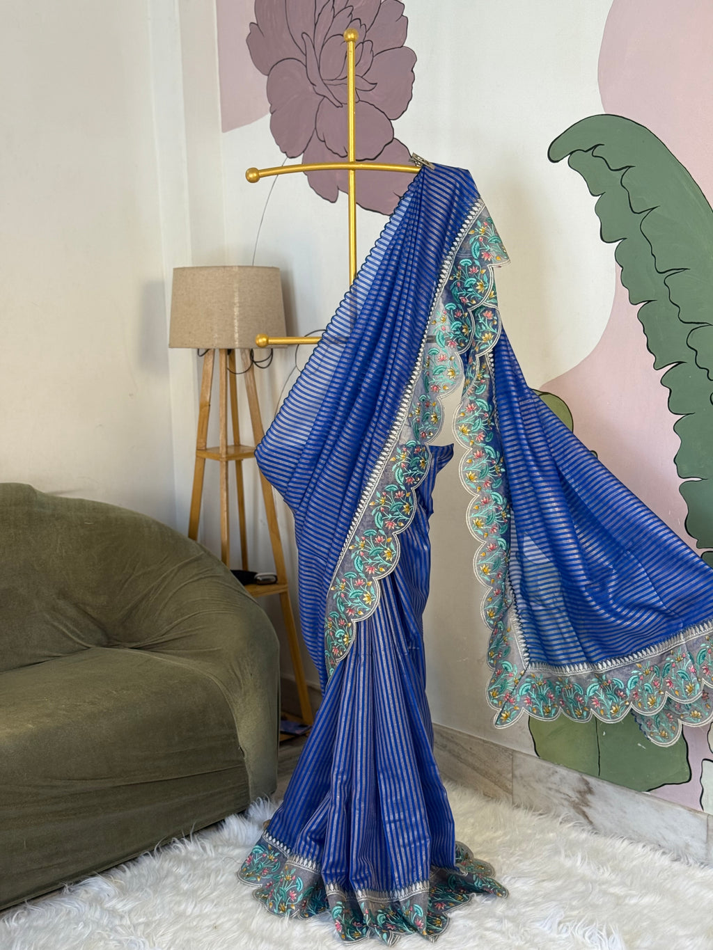 Royal Blue Designer Chiniya Tissue Silk Stripe Saree with multi color floral embroidered on Tissue Base
