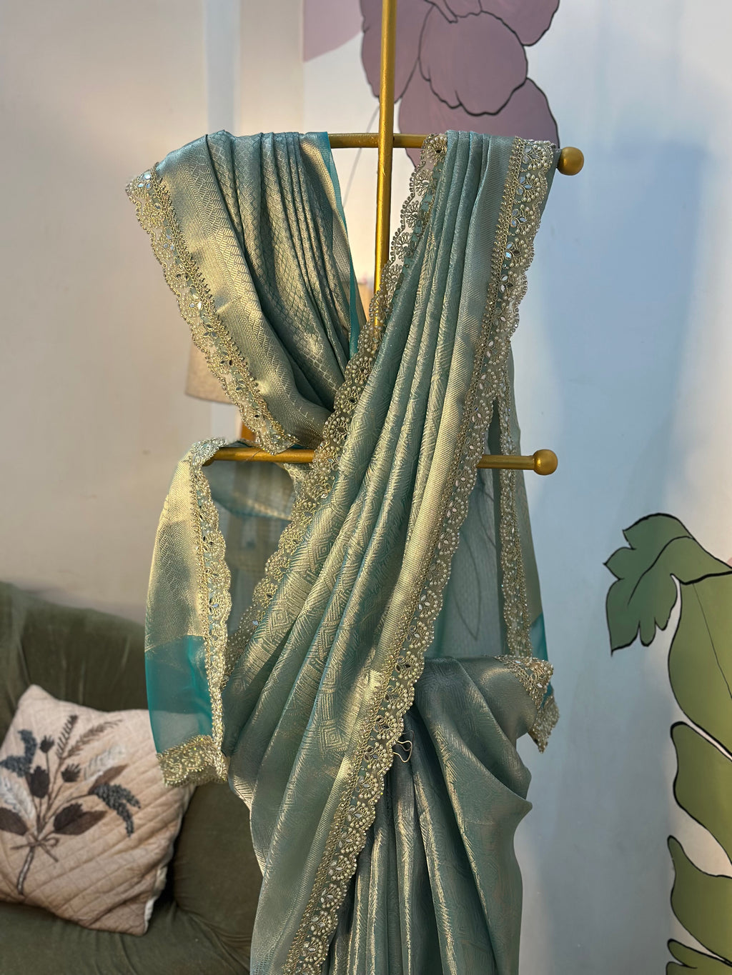 Bridal Kanjeevaram Brocade Tissue Saree with Designer Pearl and Mirror Lace Work