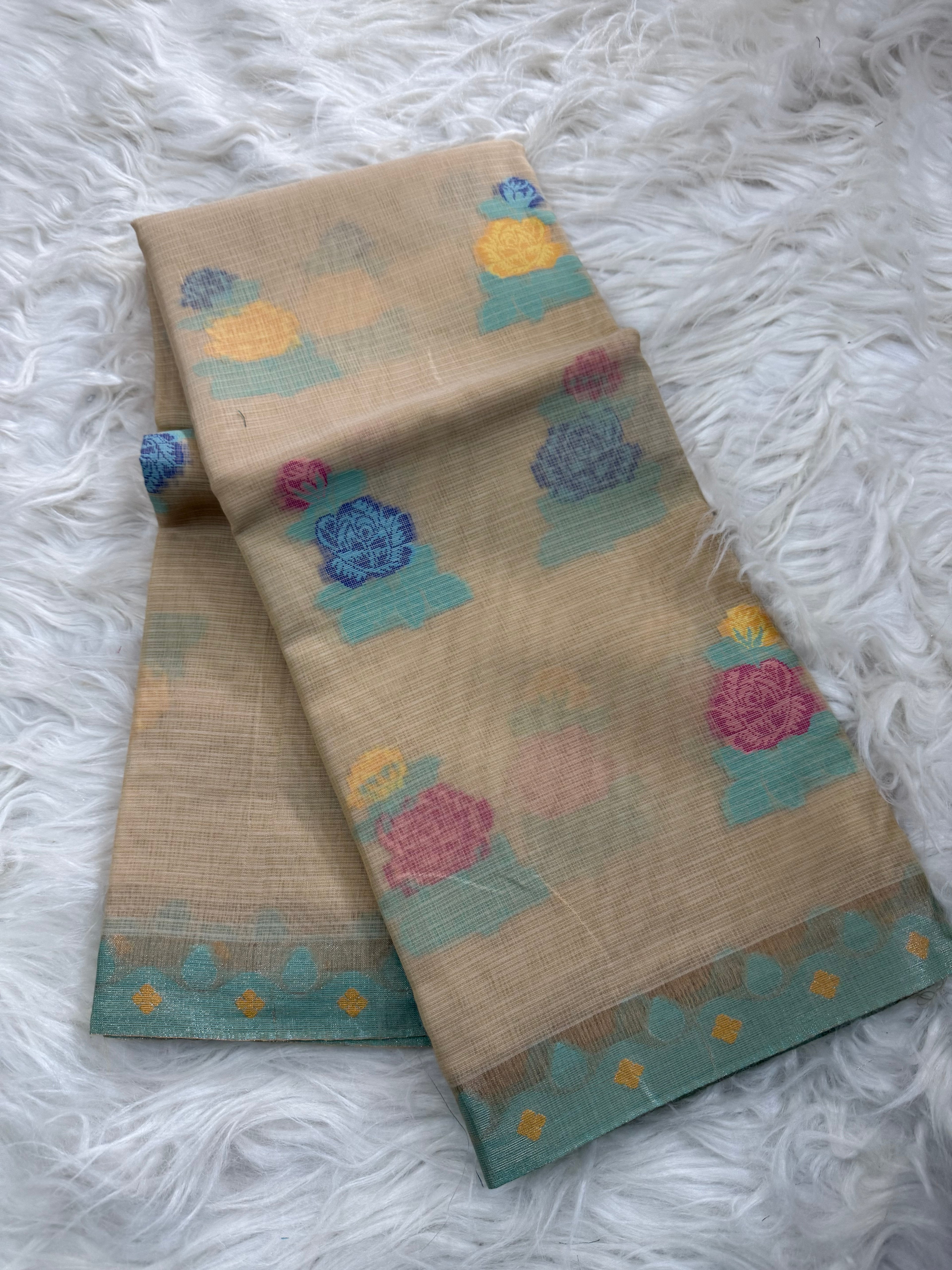 Multi color floral Buta linen cotton saree
