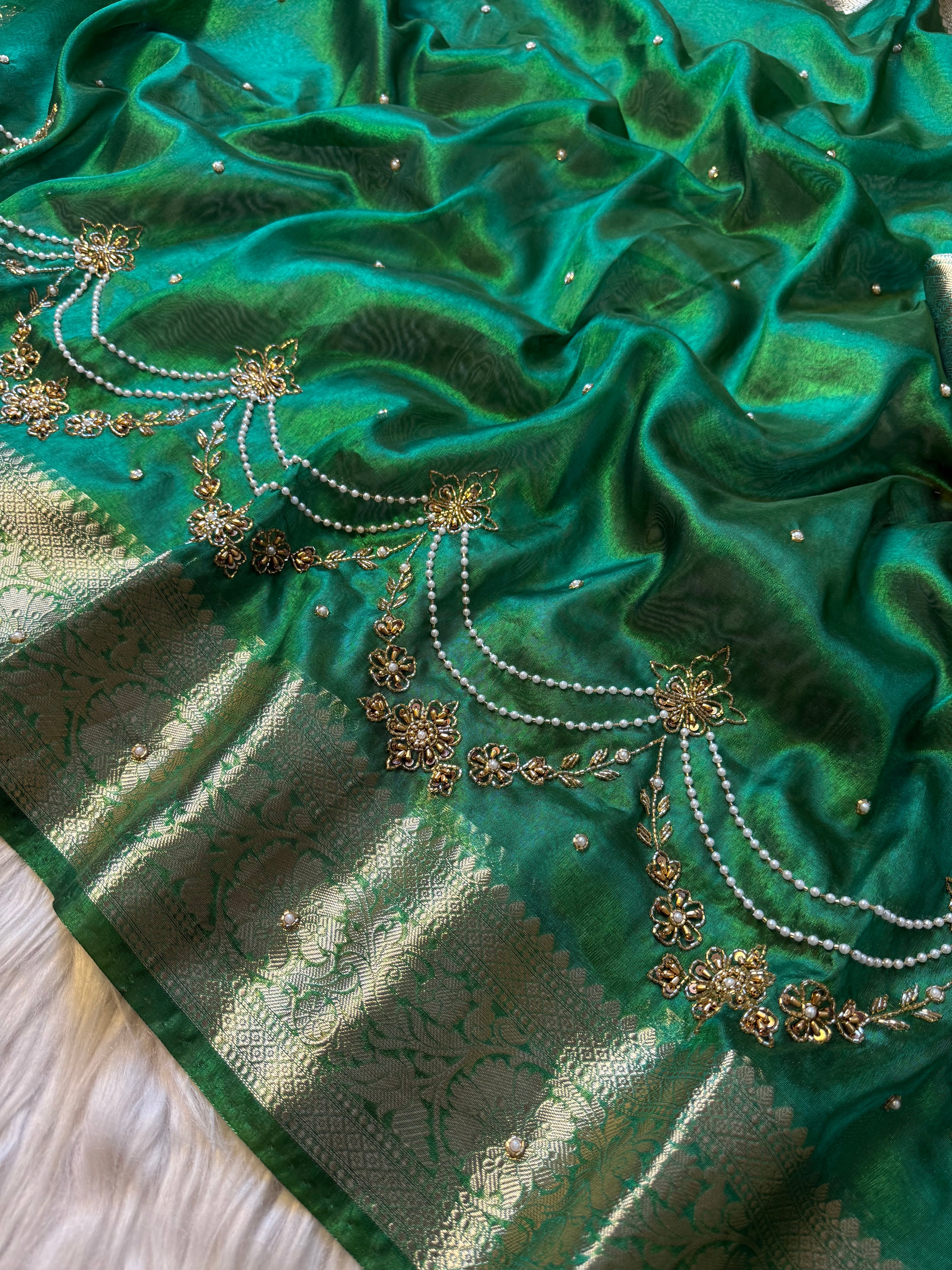 Pretty green Shade Banarasi Tissue Silk Zardozi Handwork Saree