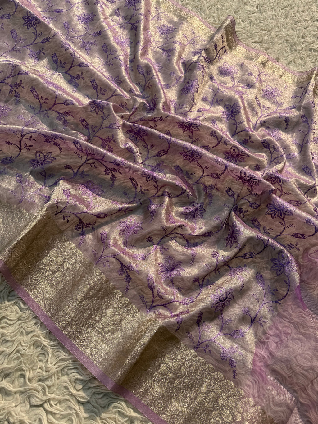 Lavender Banarasi Embroidery Tissue Silk Saree