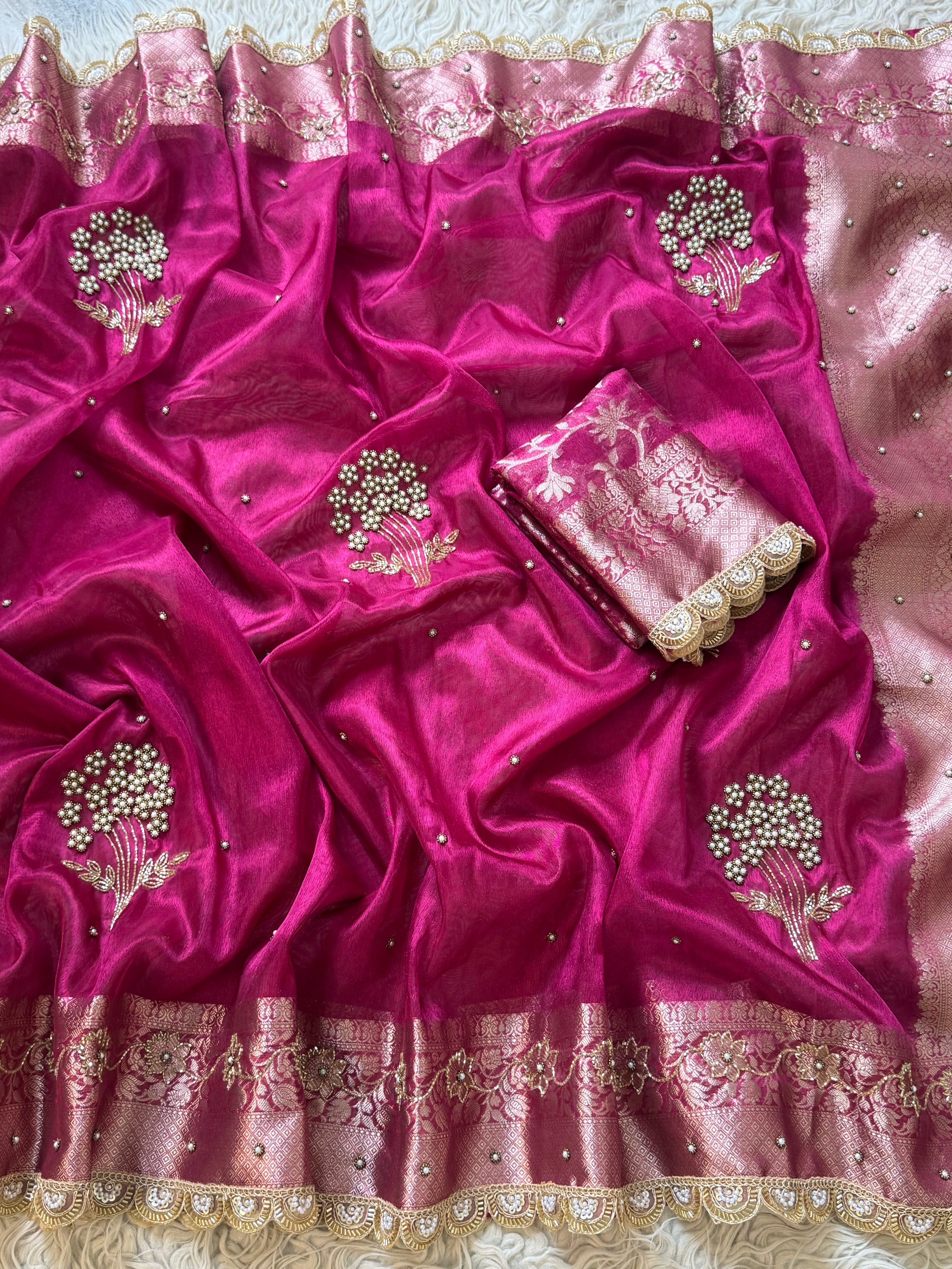 Designer Rani pink pearl and cutdana handwork in buta pattern Tissue Silk Saree