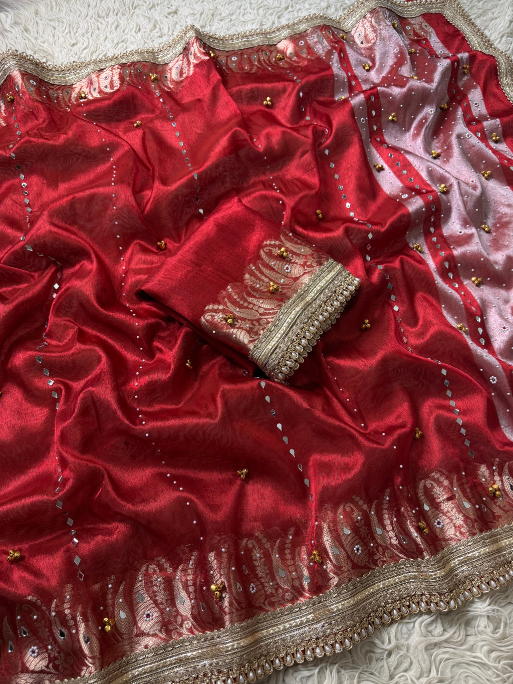 Red Mirchi border Banarasi tissue saree X ghungroo and mirror work
