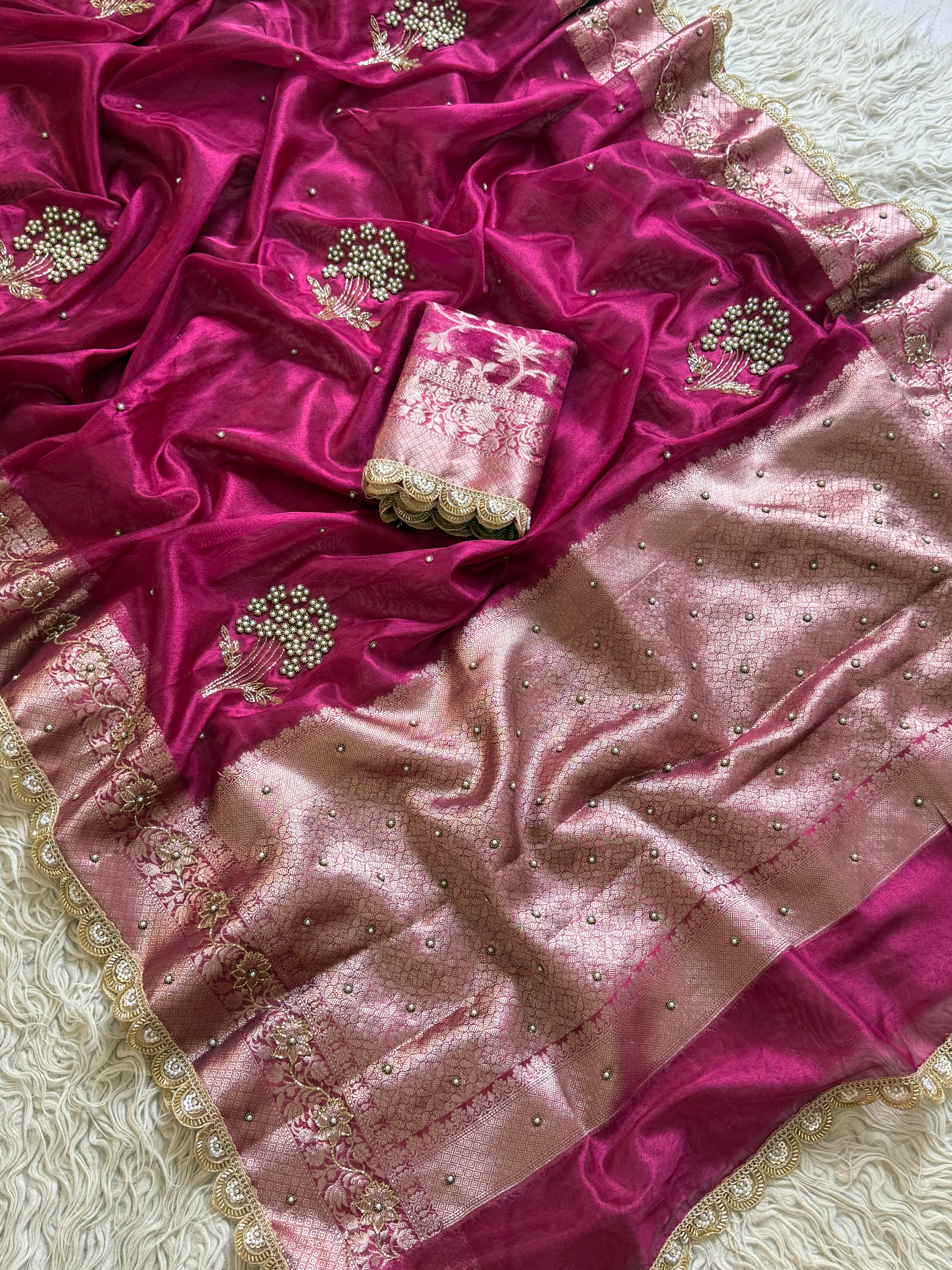 Designer Rani pink pearl and cutdana handwork in buta pattern Tissue Silk Saree
