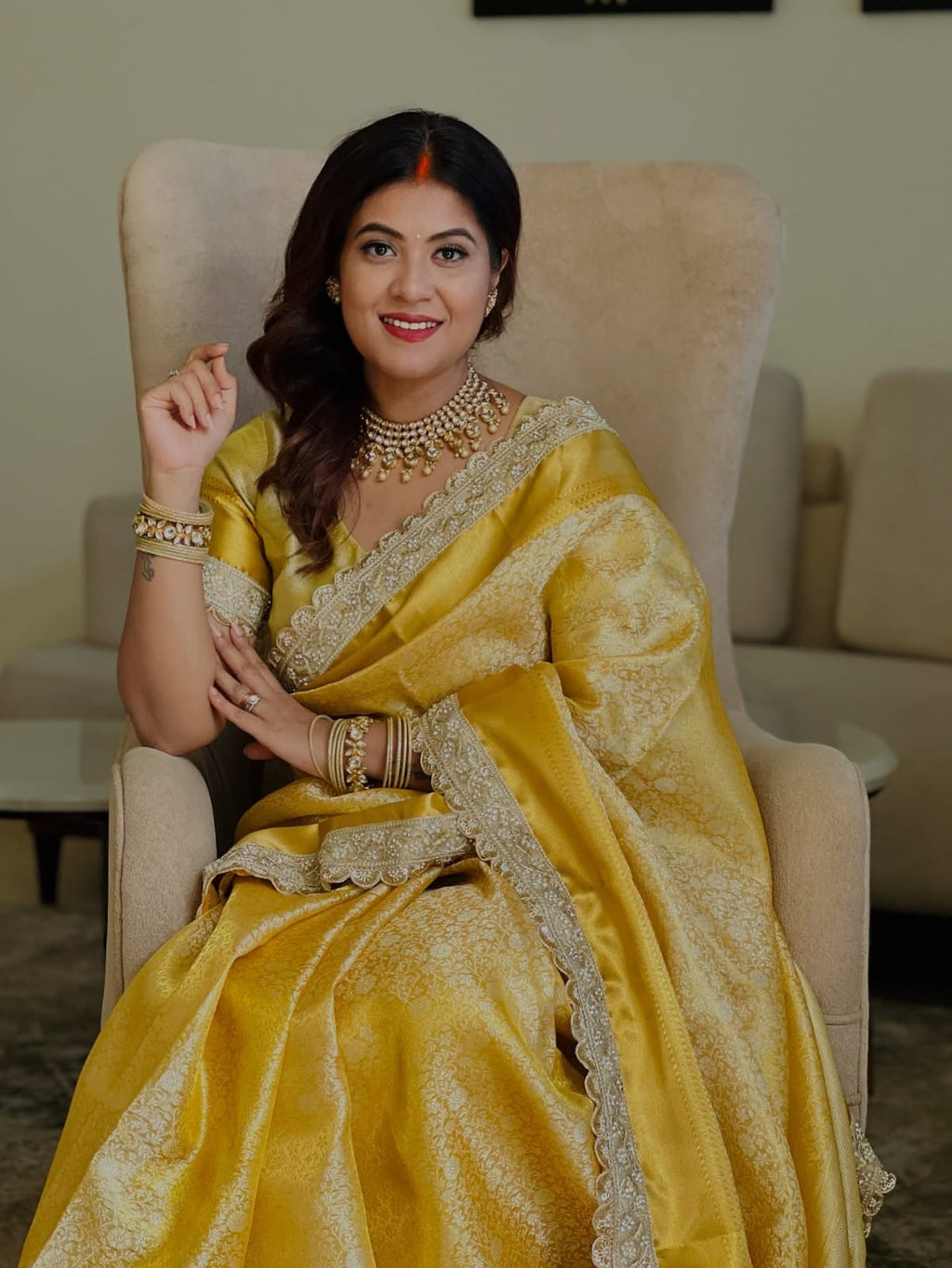 Gold Bridal Kanjeevaram Brocade Tissue Saree with Designer Pearl and Mirror Lace Work Jhalar Lace on Pallu 