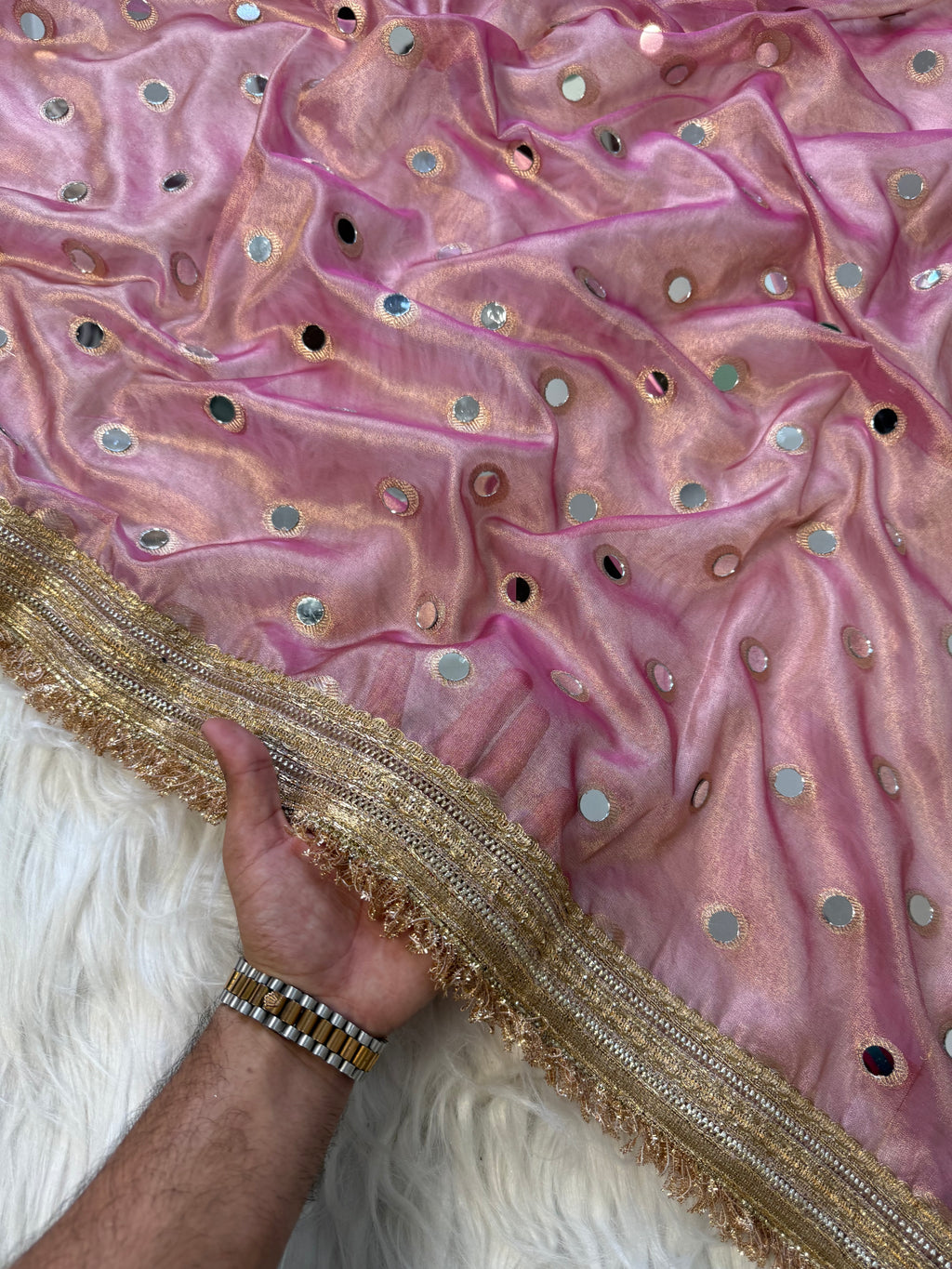 Designer Banarasi Tissue Saree with Pearl and mirror Work on all over Body with Intricate Border and Pallu Design Along with Gotta Patti Lace Work