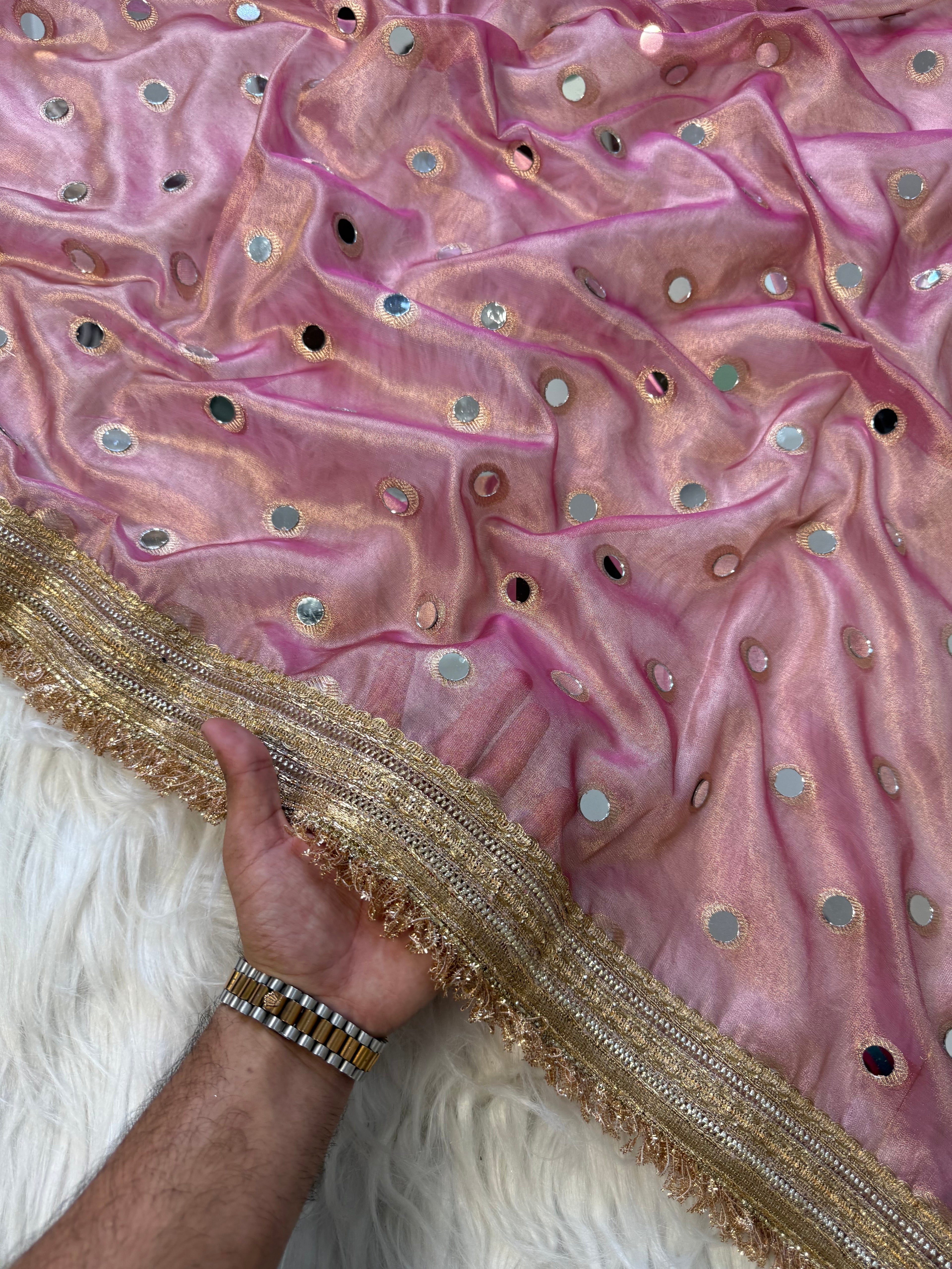 Designer Banarasi Tissue Saree with Pearl and mirror Work on all over Body with Intricate Border and Pallu Design Along with Gotta Patti Lace Work