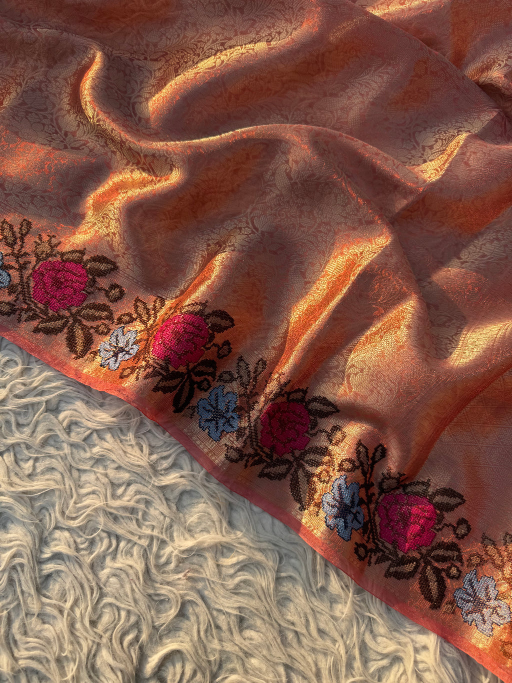 Orange Banarasi Tanchui Embroidery Tissue Silk Saree