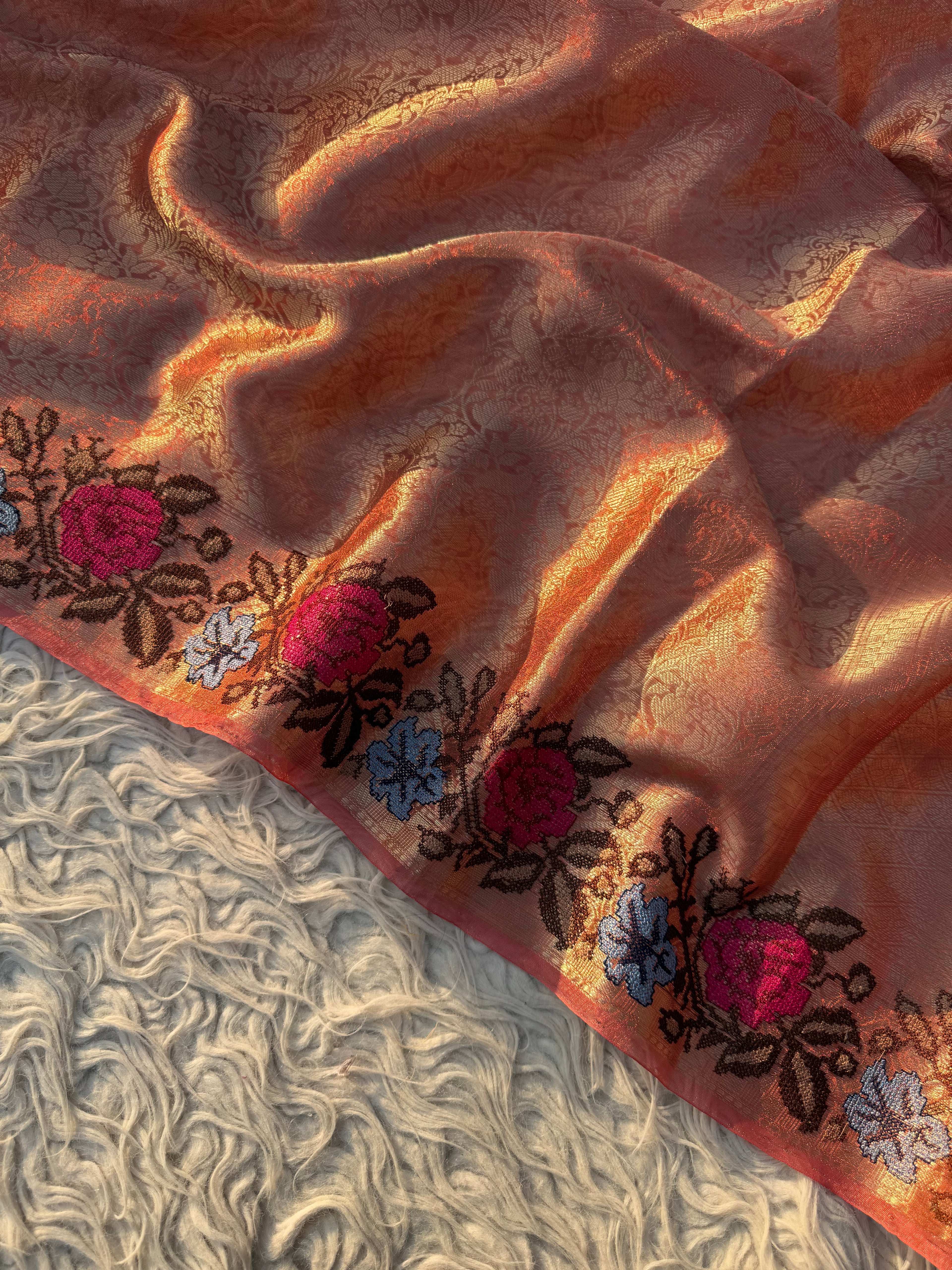 Orange Banarasi Tanchui Embroidery Tissue Silk Saree