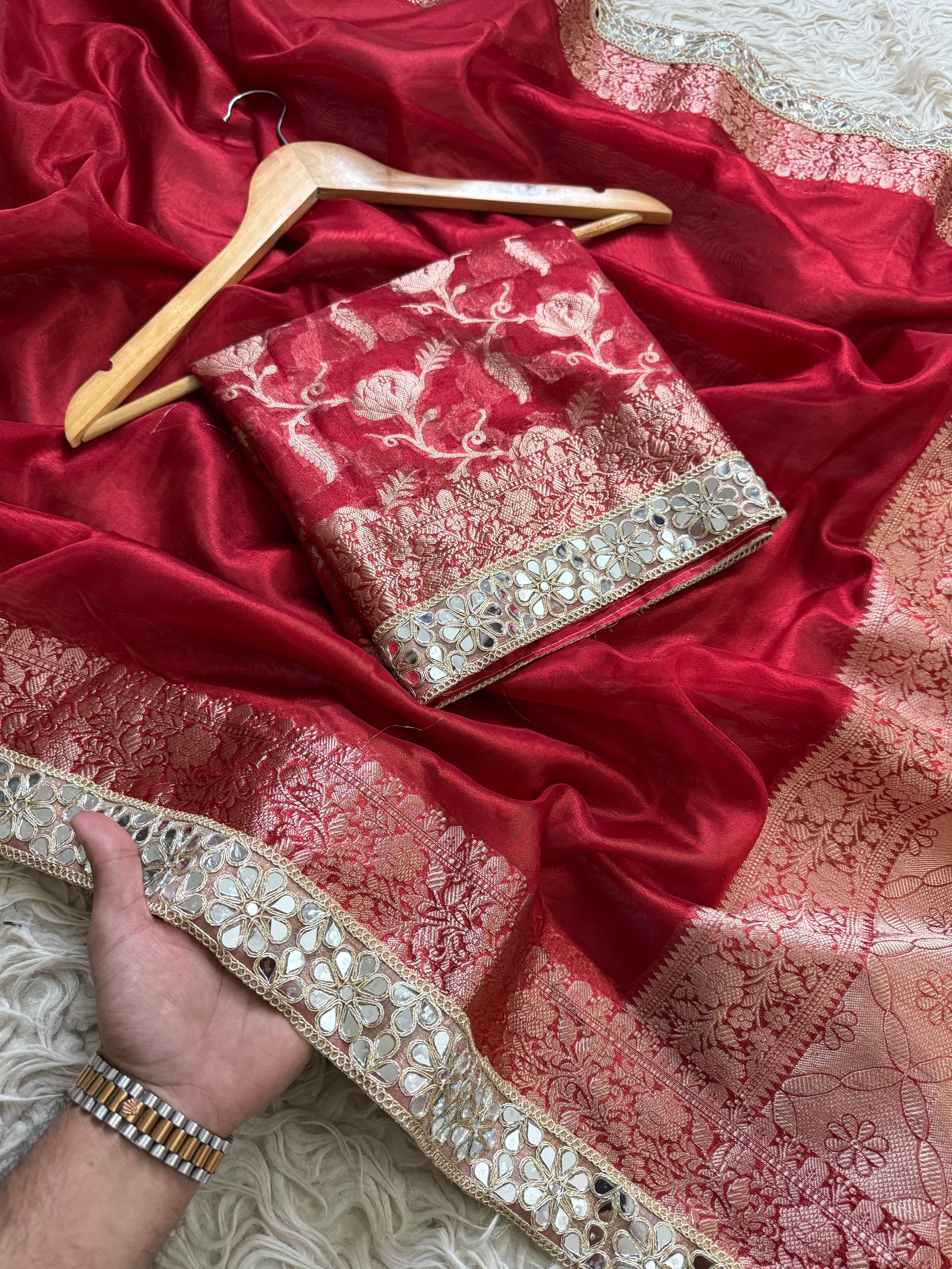 Red designer tissue saree with lovely mirror lace