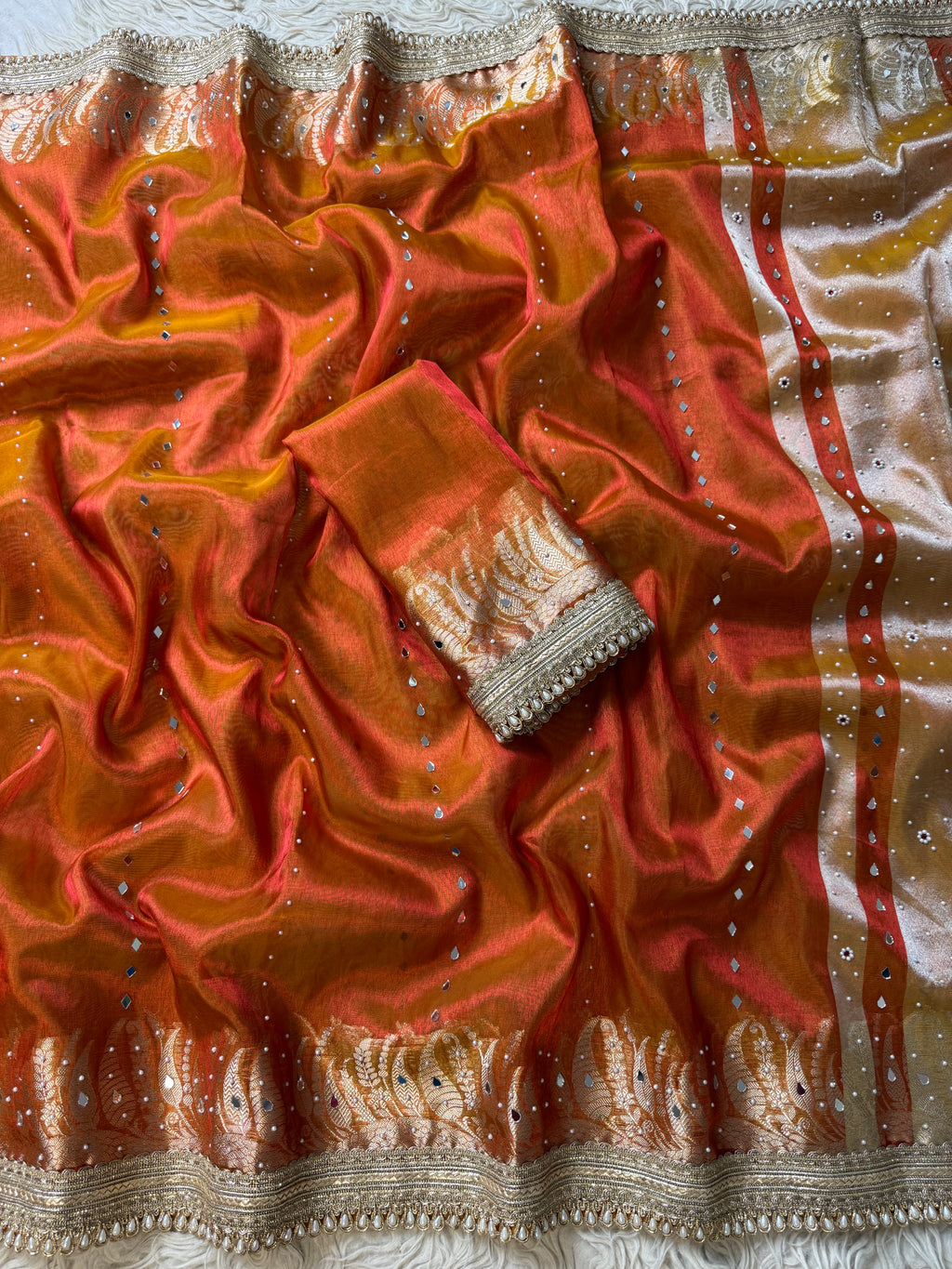 Designer Banarasi Tissue Saree with mirror Work on all over Body with Intricate Border and Pallu Design Along with heavy mirror work and Gotta Patti Lace Work