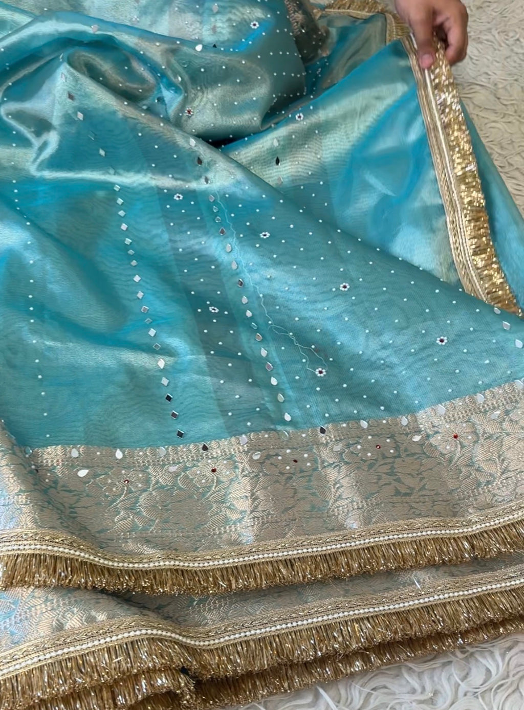 Designer Banarasi Tissue Saree with mirror Work on all over Body with Intricate Border and Pallu Design Along with heavy mirror work and Gotta Patti Lace Work