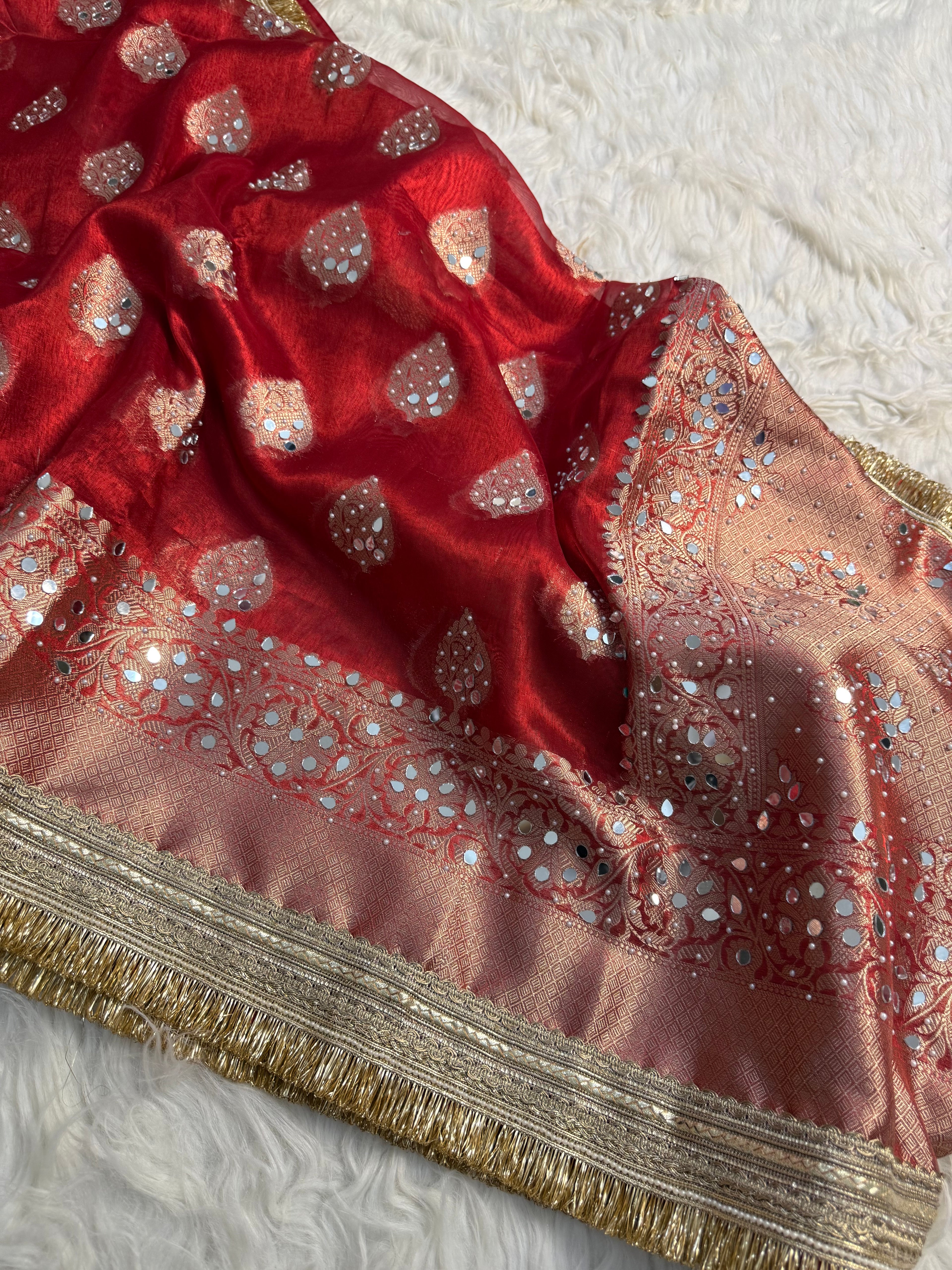 Rani pink Designer Banarasi Tissue Buta Saree with Pearl and mirror Work on all over Body with Intricate Border and Gotta Patti Lace Work