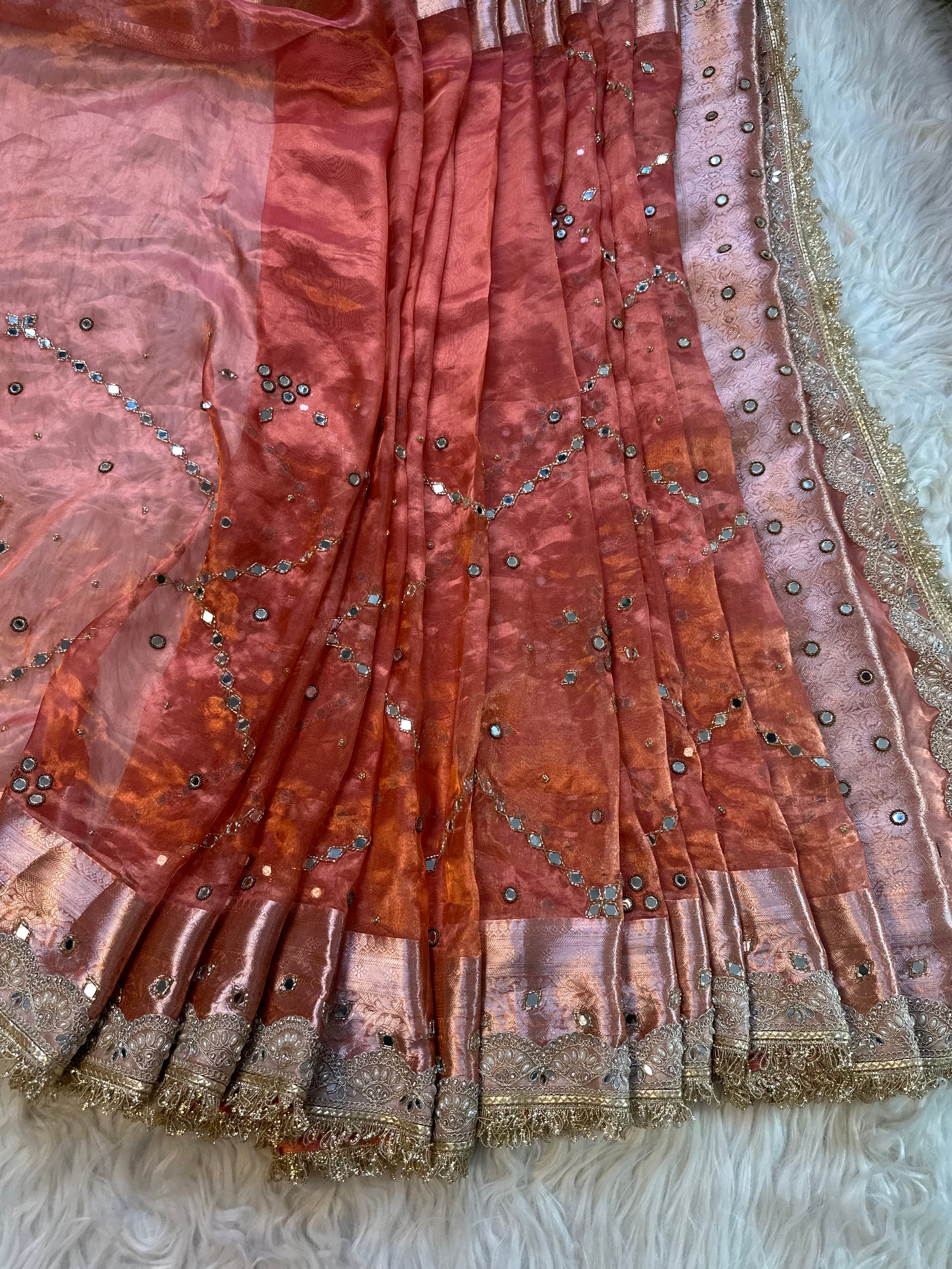 100%Pure Banarasi Tissue Saree with Hand Work on all over Body with Intricate Border and Pallu Design Along with diamond  Lace Work