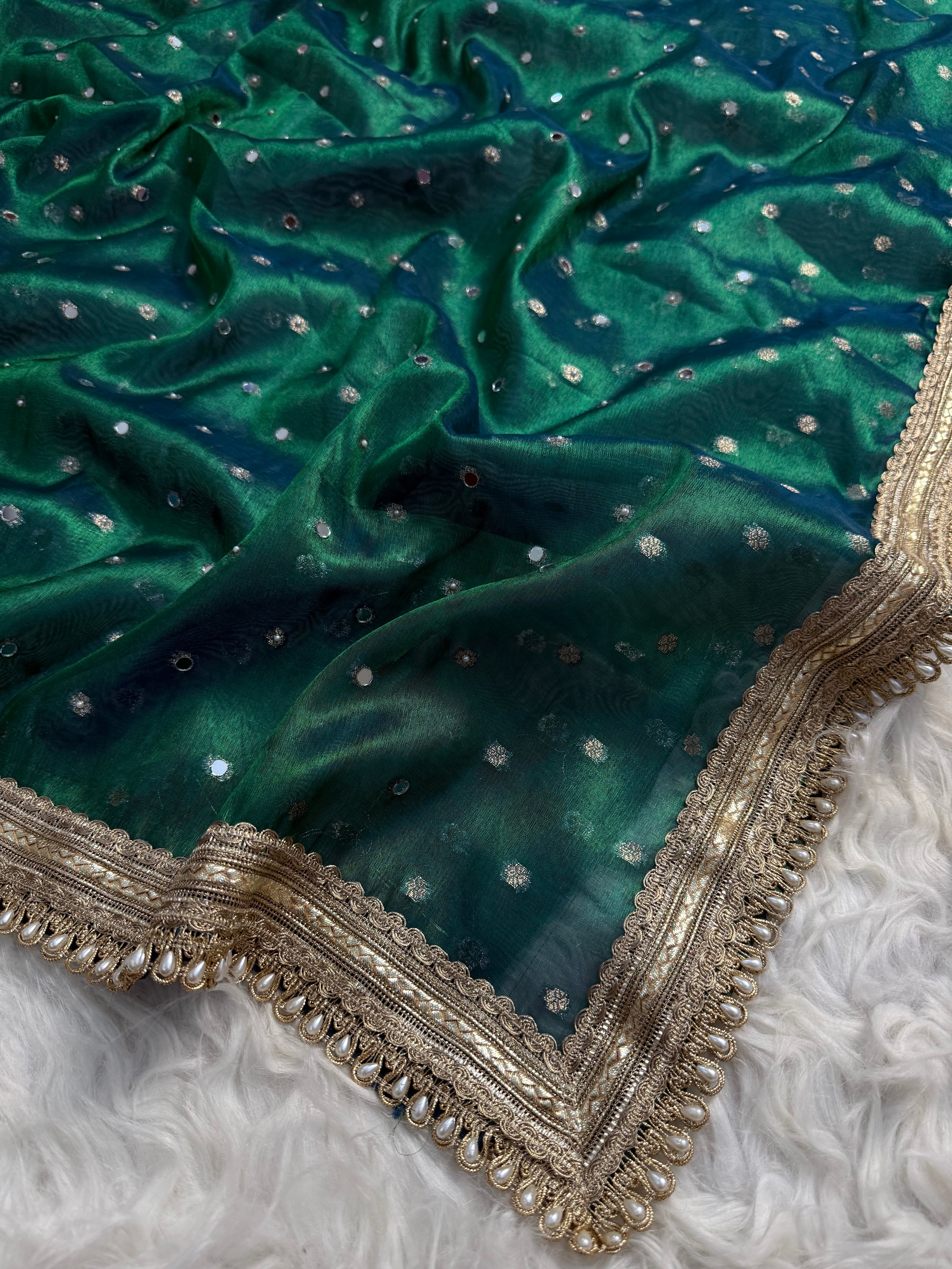 Peacock green shade mirror work tissue Banarasi saree with gotta patti