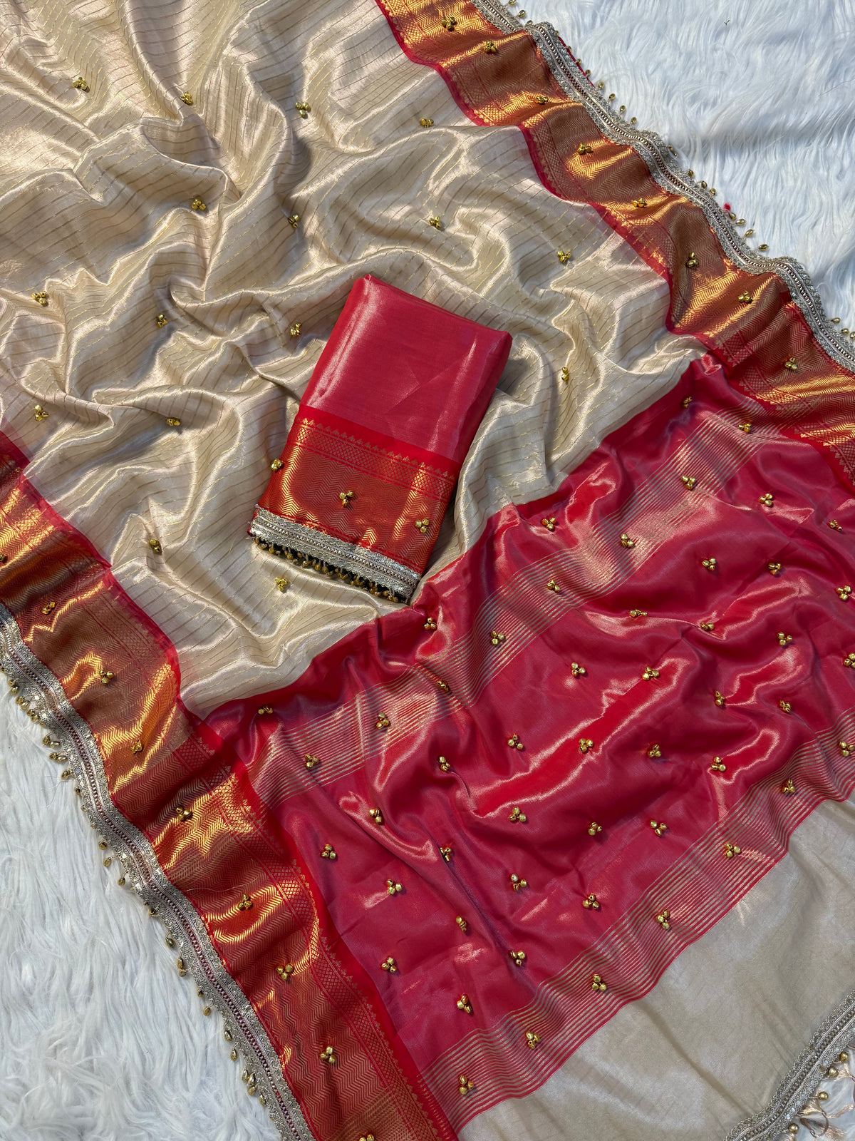 Ivory Red Banarasi tissue saree X ghungroo work