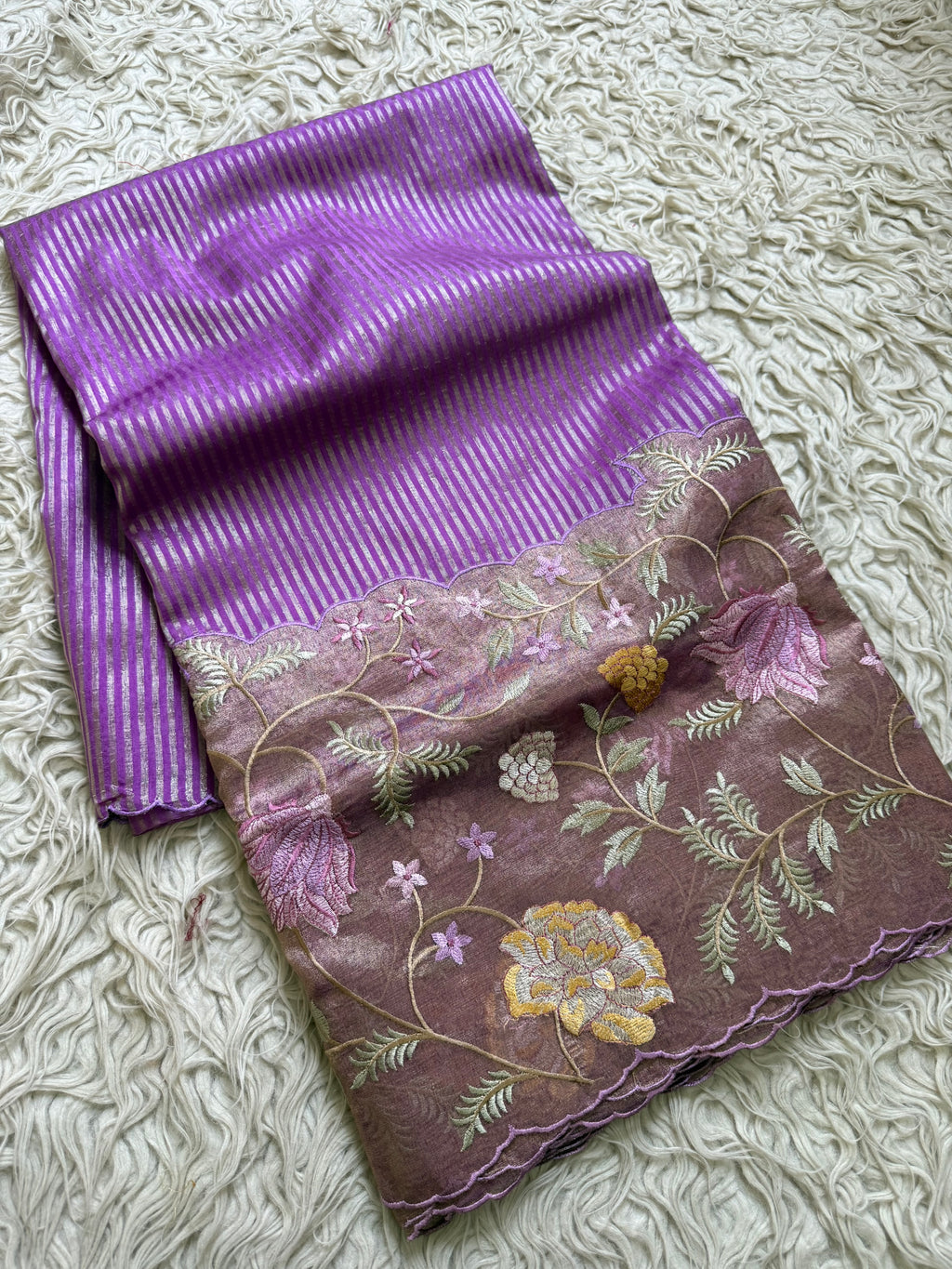Lavender Designer Chiniya Tissue Silk Stripe Saree with multi color floral embroidered on Tissue Base