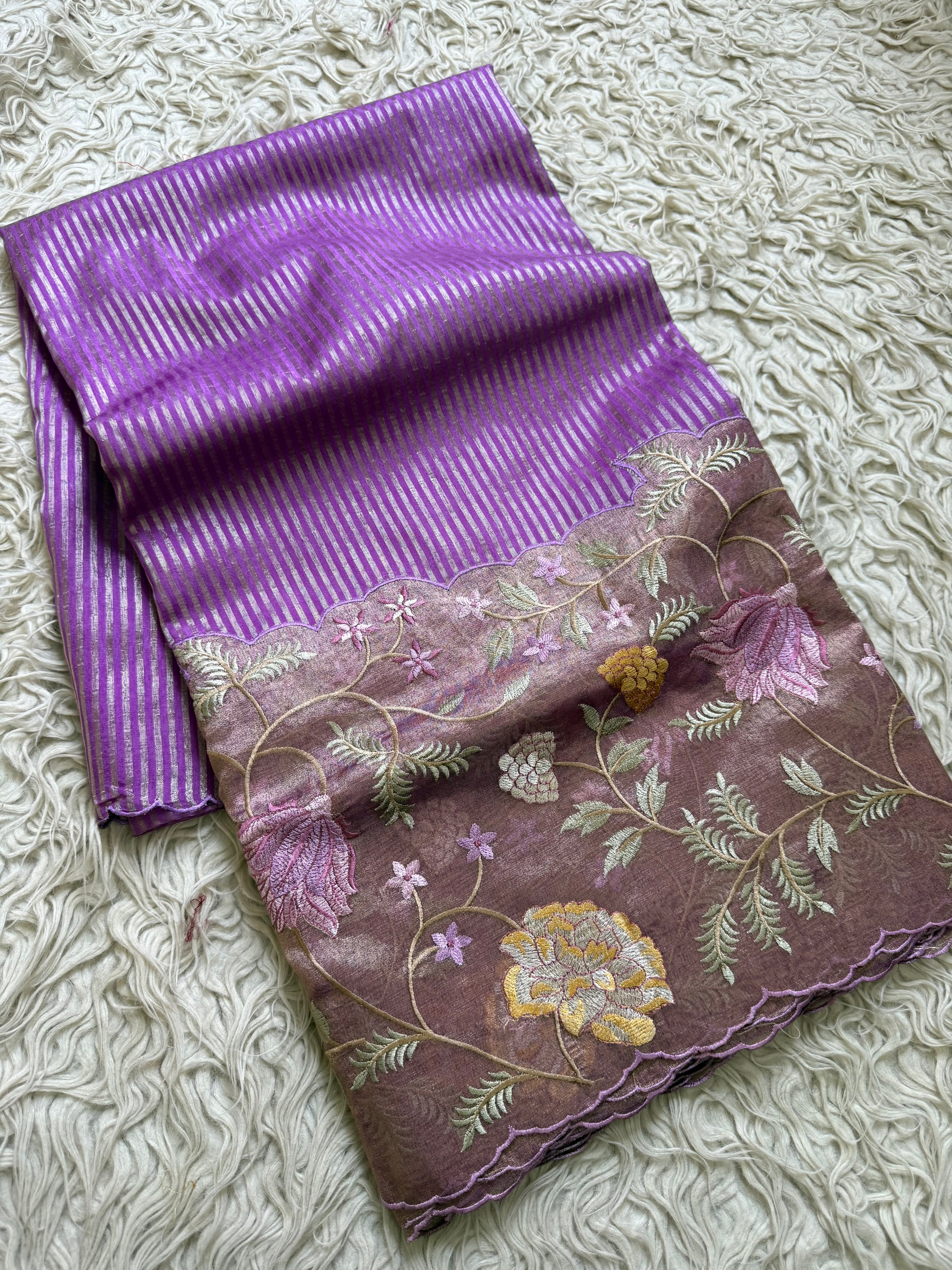 Lavender Designer Chiniya Tissue Silk Stripe Saree with multi color floral embroidered on Tissue Base