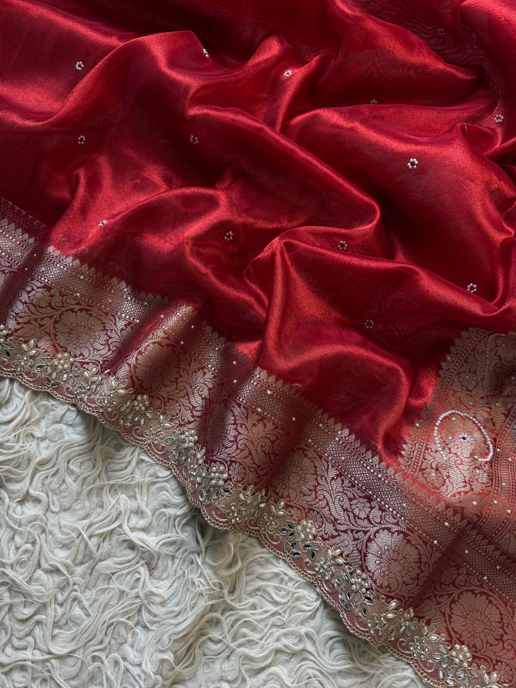 Designer Banarasi Tissue Saree with Pearl Work on all over Body with Intricate Border and Pallu Design Along with Gotta Patti Lace Work