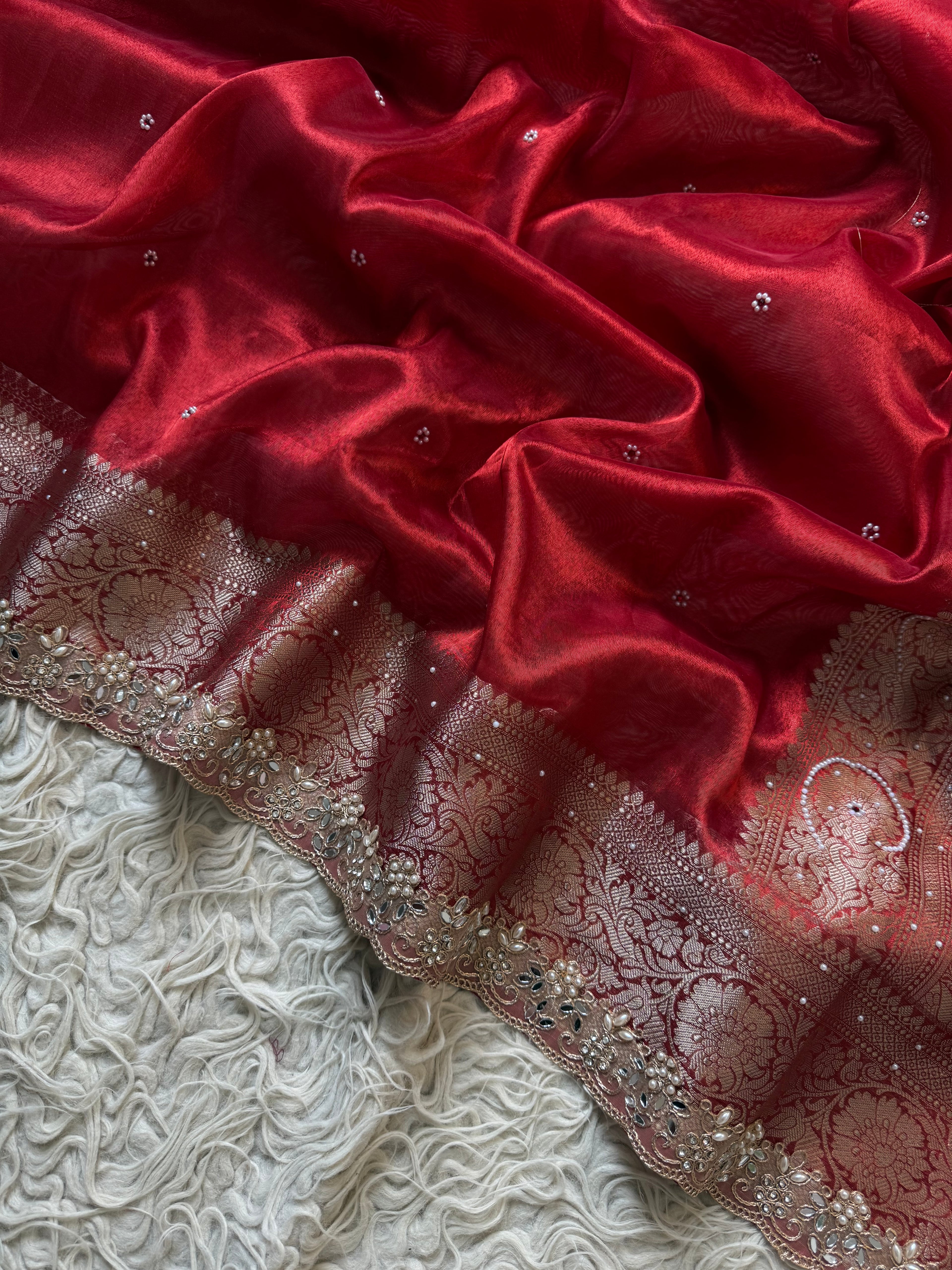 Designer Banarasi Tissue Saree with Pearl Work on all over Body with Intricate Border and Pallu Design Along with Gotta Patti Lace Work