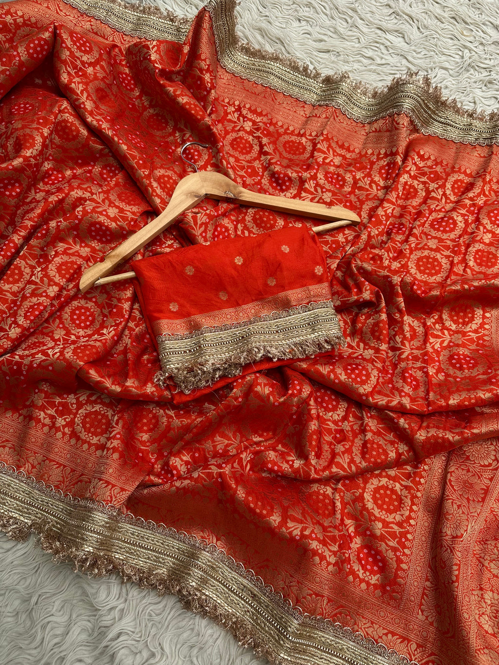 Orange Designer Georgette Katan Silk Saree with Gota Patti