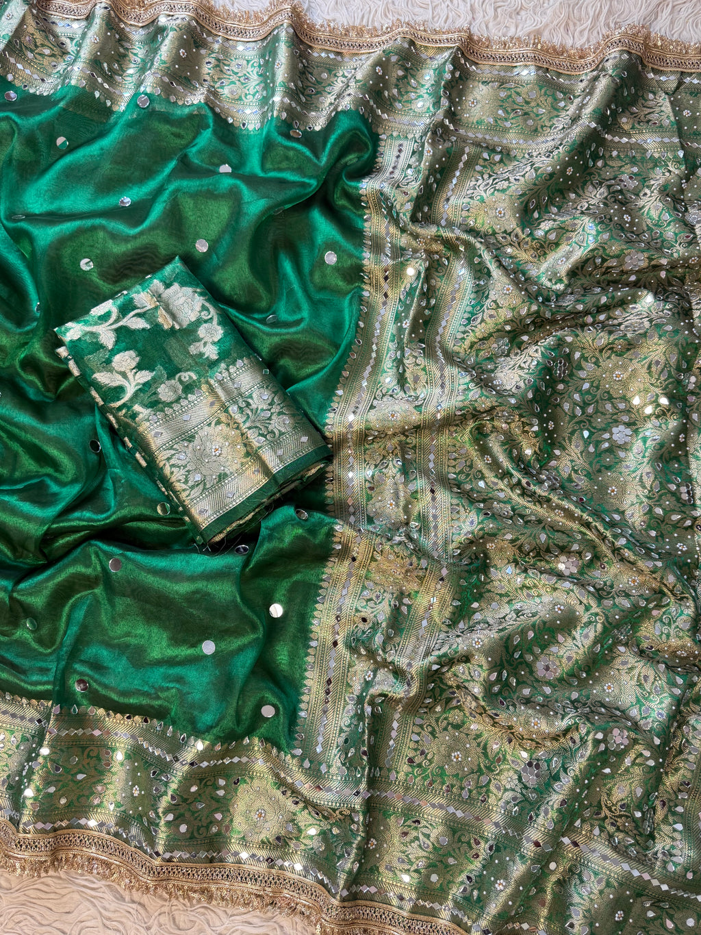Designer Banarasi Tissue Saree with Pearl and mirror Work on all over Body with Intricate Border and Pallu Design Along with Gotta Patti Lace Work