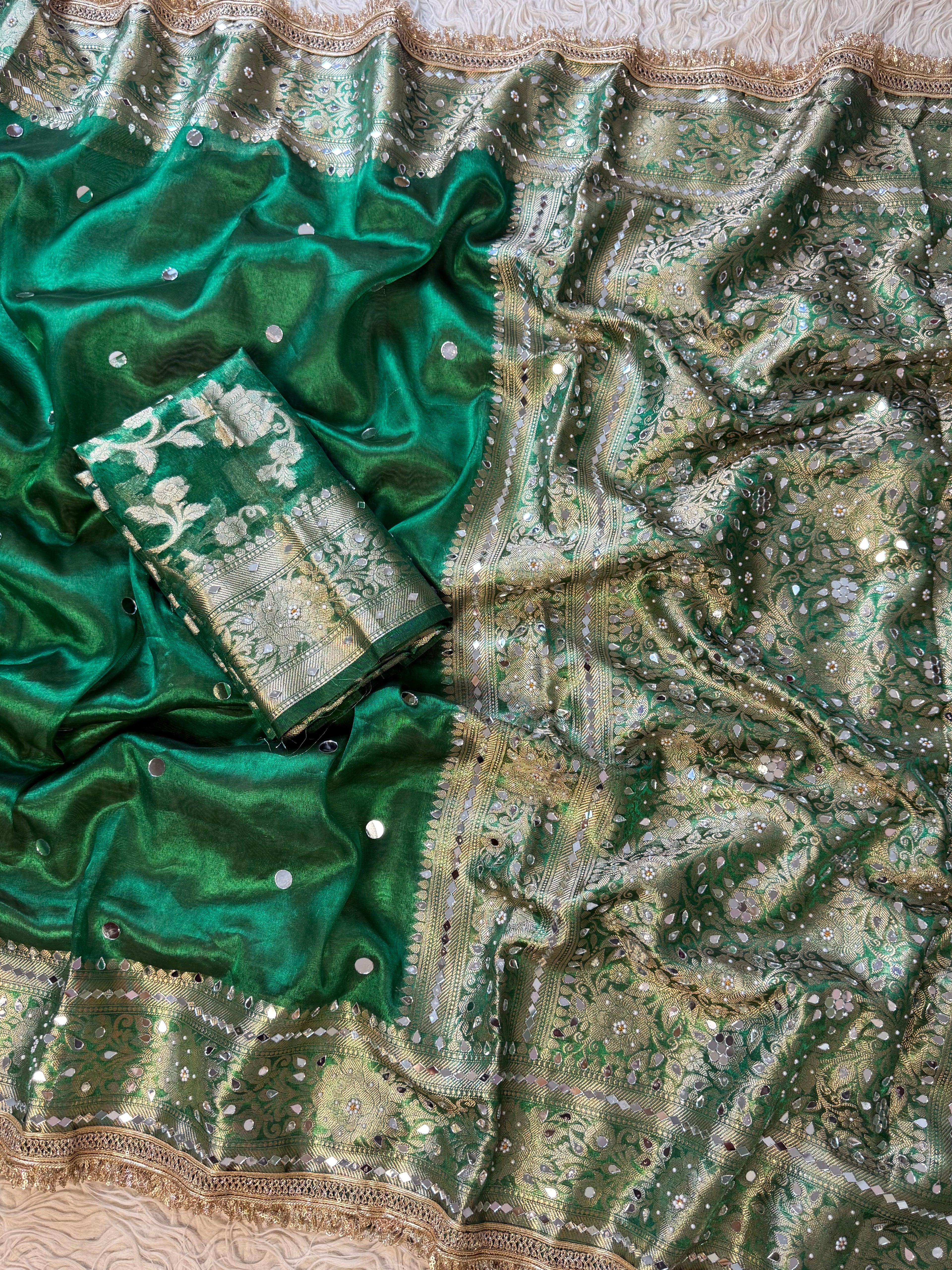 Designer Banarasi Tissue Saree with Pearl and mirror Work on all over Body with Intricate Border and Pallu Design Along with Gotta Patti Lace Work