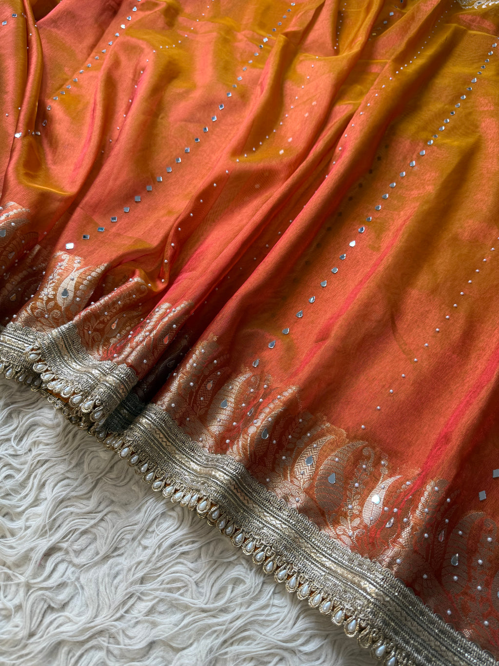 Designer Banarasi Tissue Saree with mirror Work on all over Body with Intricate Border and Pallu Design Along with heavy mirror work and Gotta Patti Lace Work