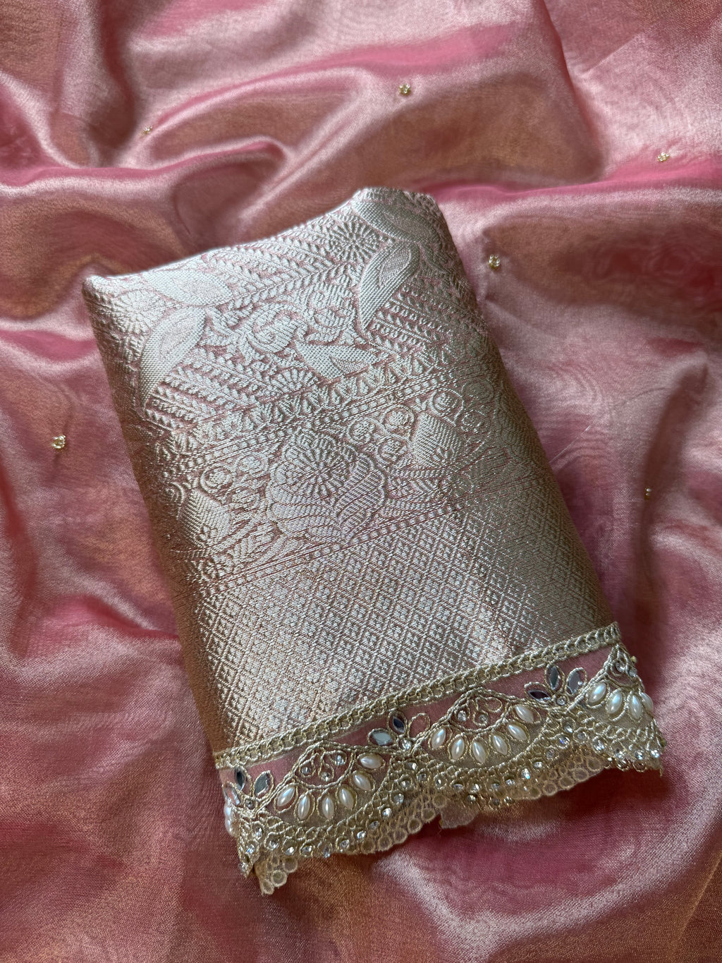 Pretty Pink Shade Banarasi Tissue Silk Zardozi Handwork Saree