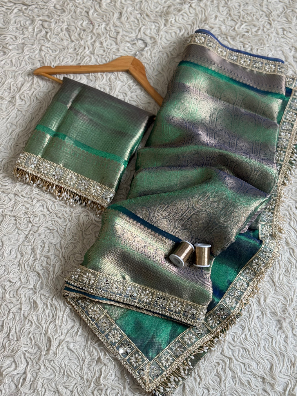 Peacock Bridal Kanjeevaram Brocade Tissue Saree with Designer Pearl and Mirror Lace Work Jhalar Lace on Pallu