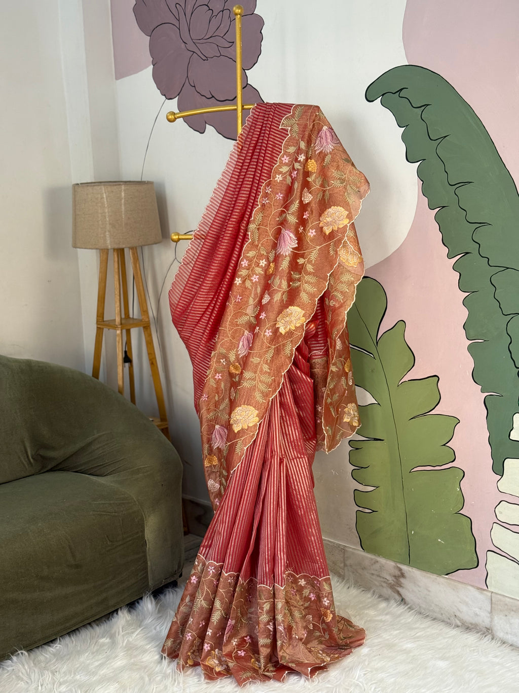 Red Designer Chiniya Tissue Silk Stripe Saree with multi color floral embroidered on Tissue Base