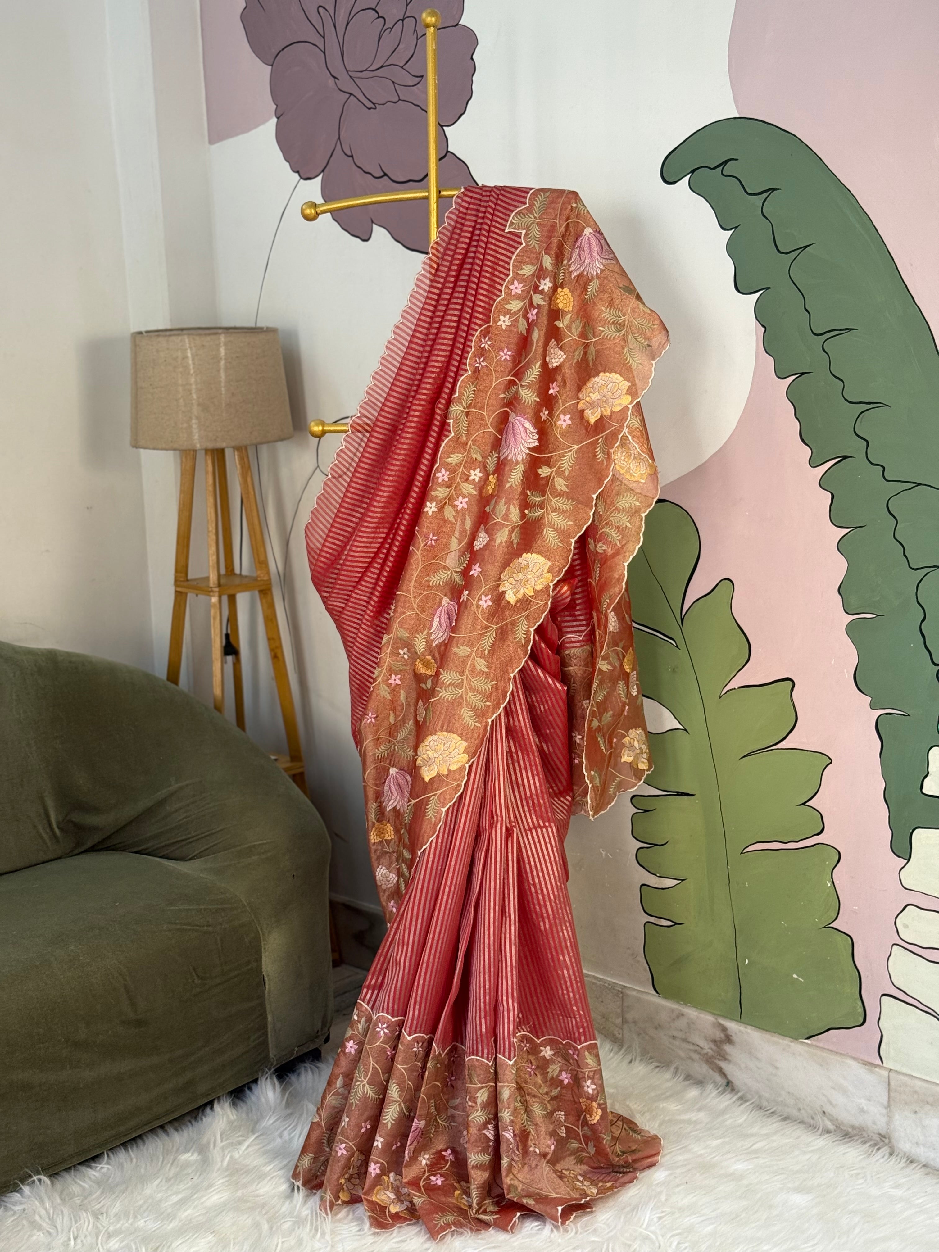 Red Designer Chiniya Tissue Silk Stripe Saree with multi color floral embroidered on Tissue Base