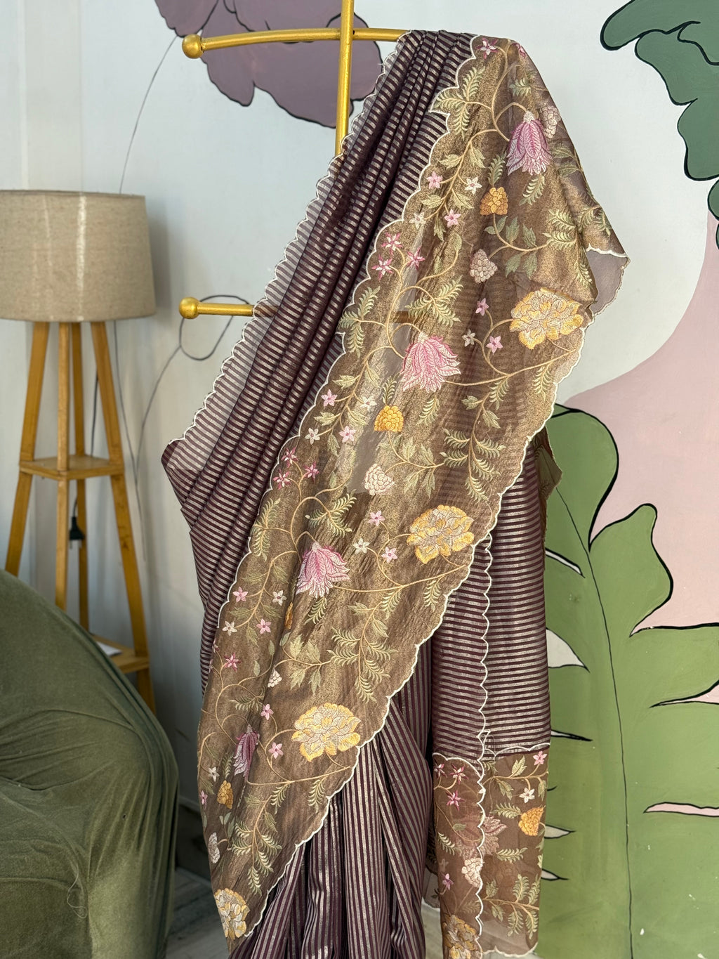 Brown Designer Chiniya Tissue Silk Stripe Saree with multi color floral embroidered on Tissue Base