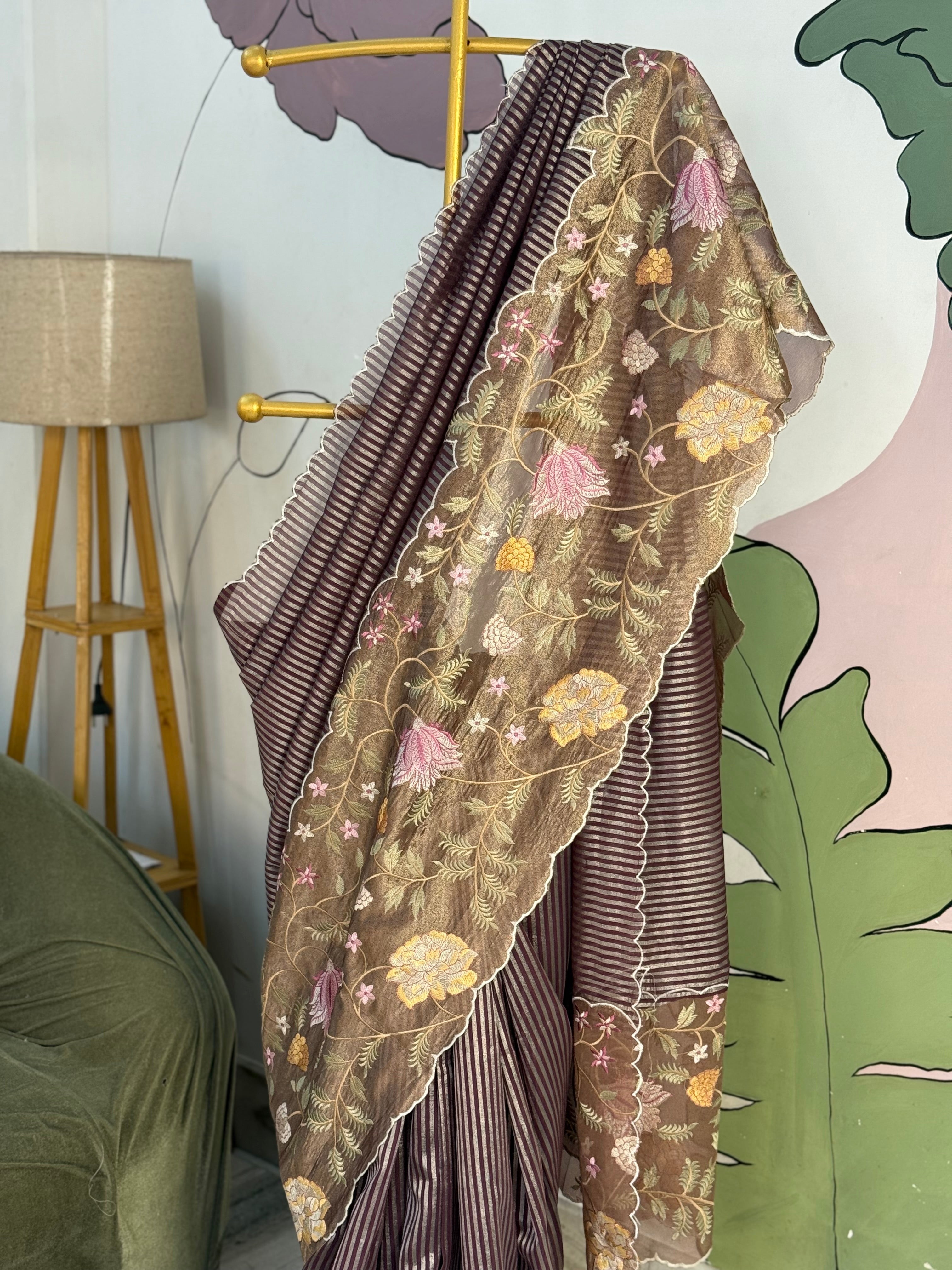 Brown Designer Chiniya Tissue Silk Stripe Saree with multi color floral embroidered on Tissue Base