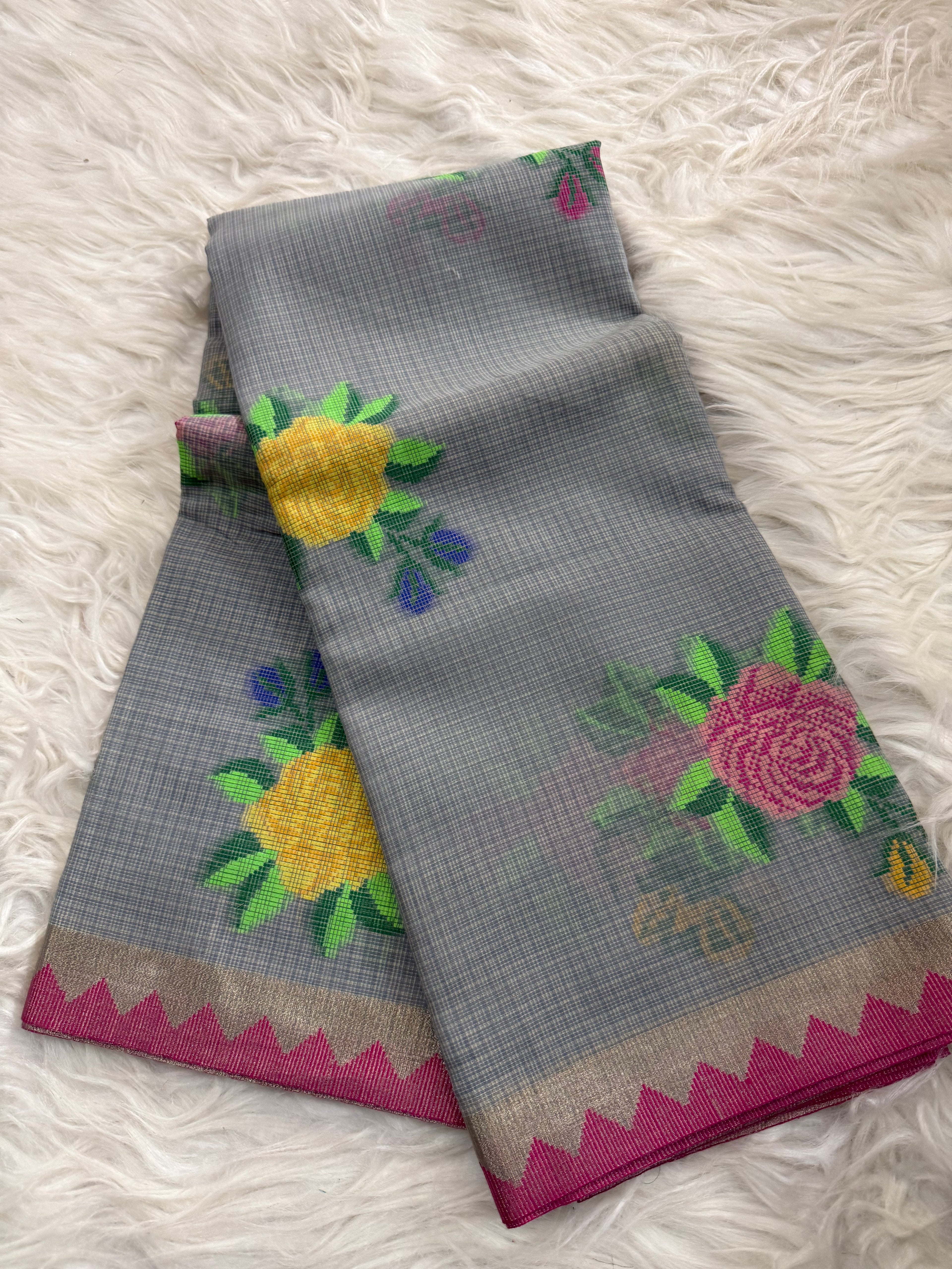 Multi color floral Buta linen cotton saree