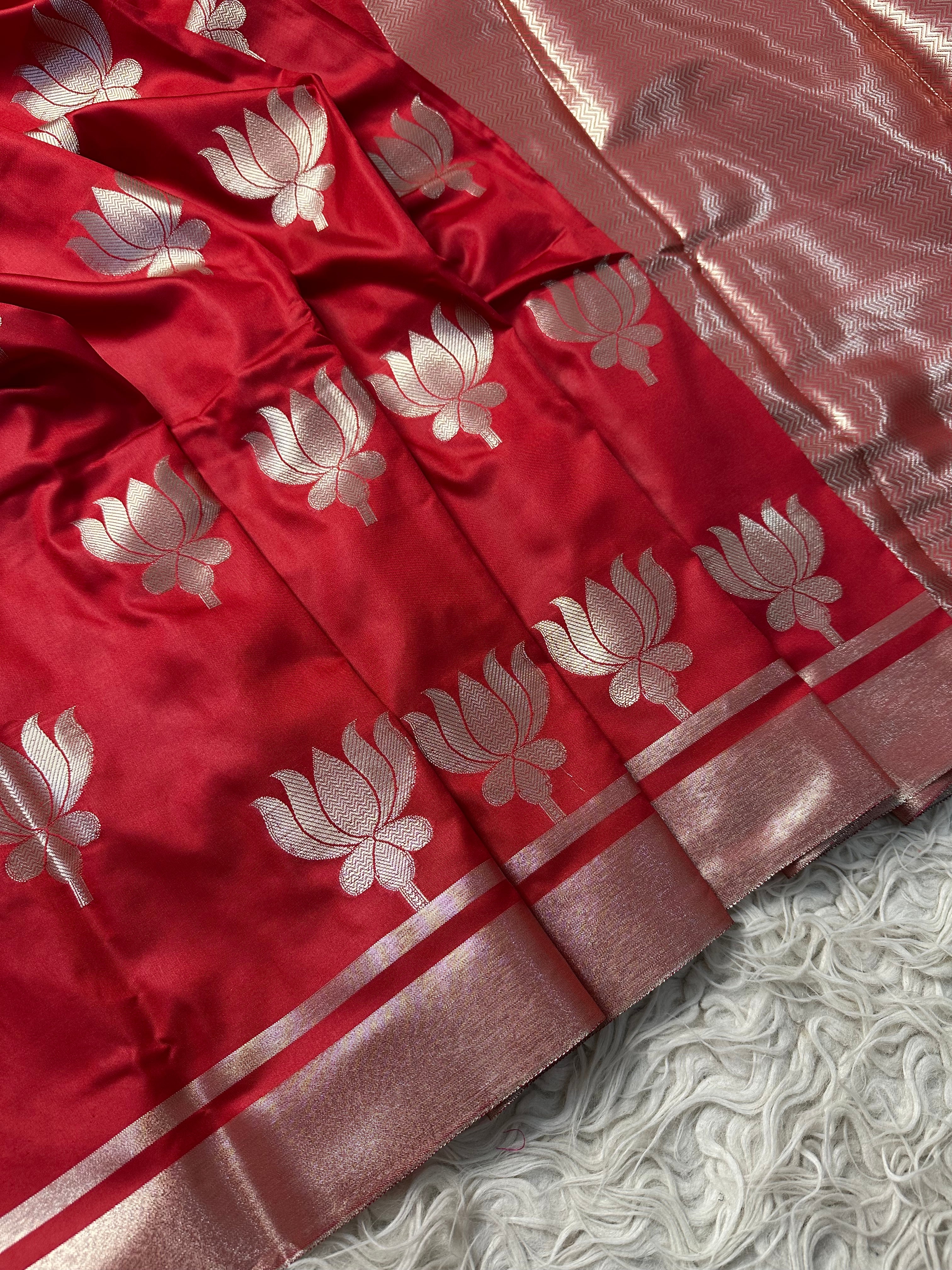 Bridal Red Semi mashru katan Banarasi saree