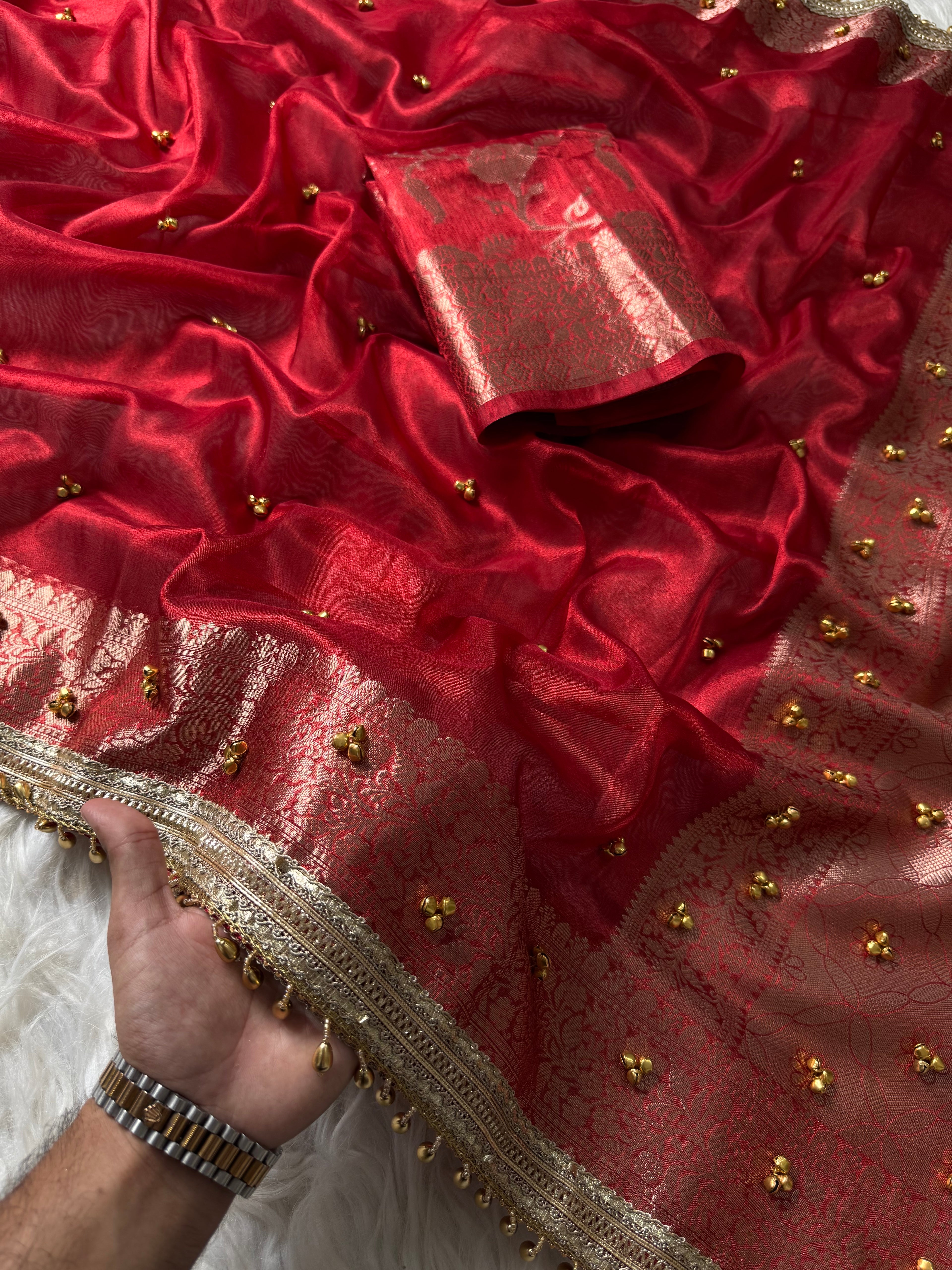 Red Banarasi tissue saree X ghungroo work