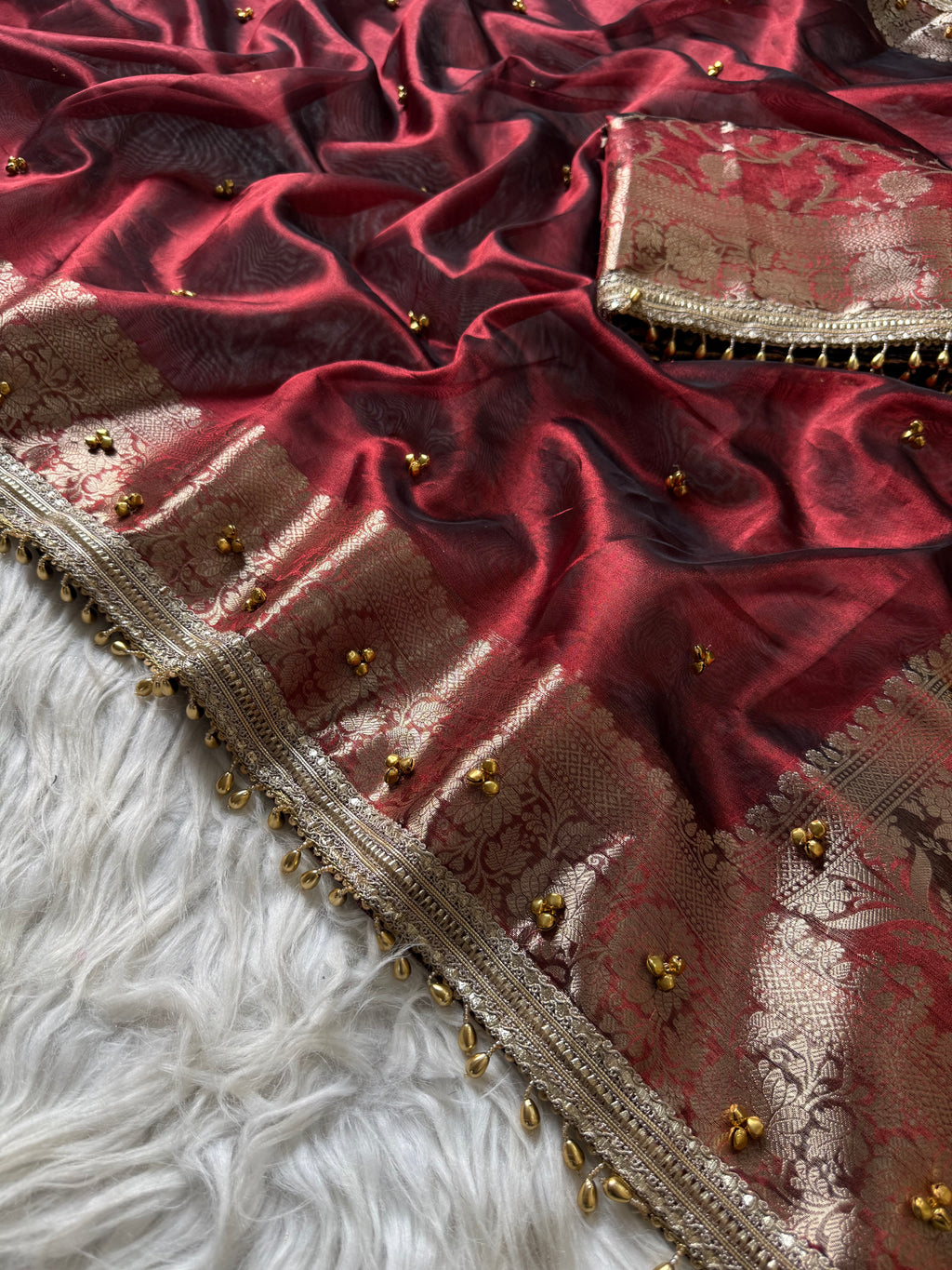 Red carmine Banarasi tissue saree X ghungroo work