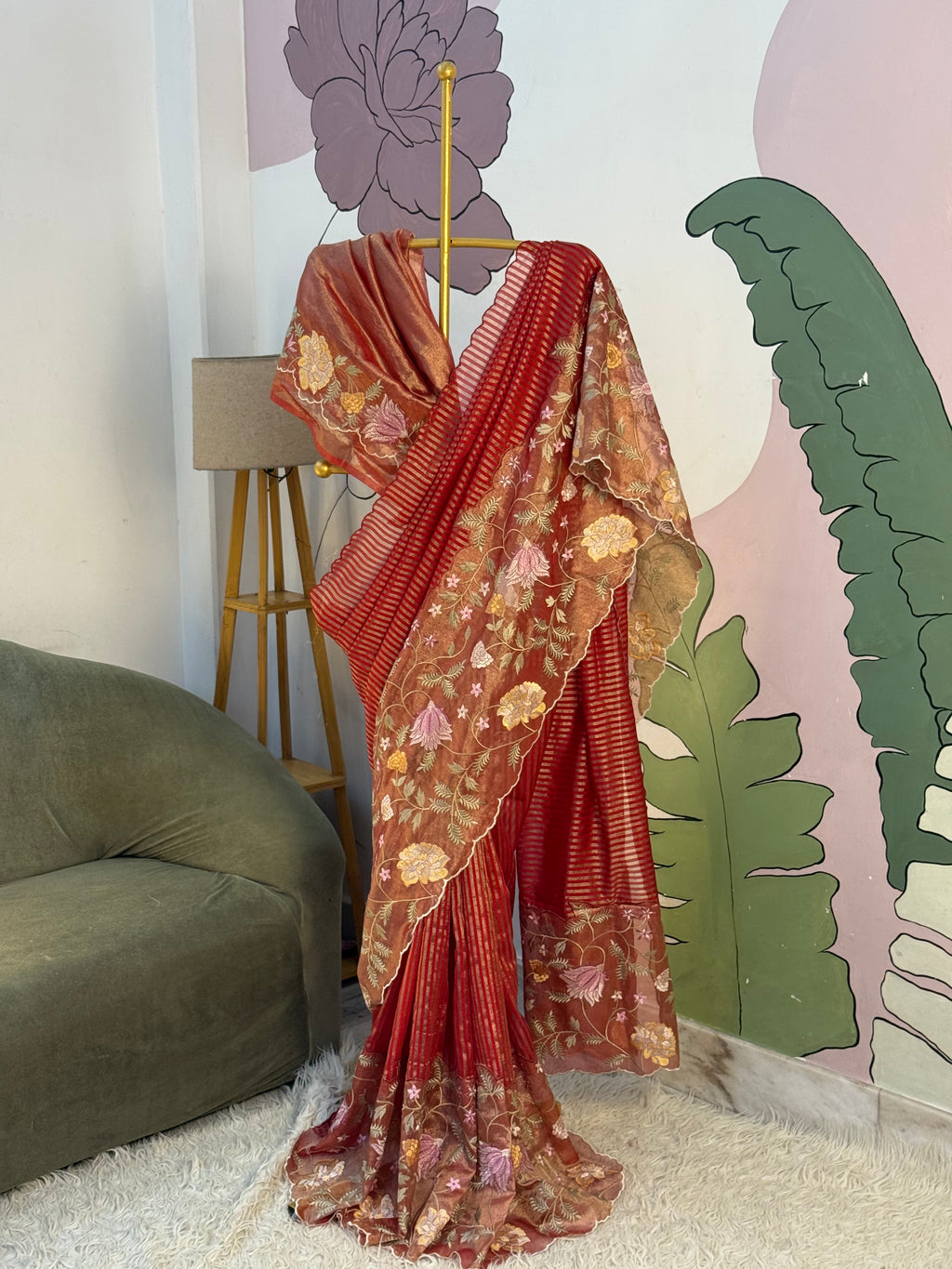 Red Designer Chiniya Tissue Silk Stripe Saree with multi color floral embroidered on Tissue Base
