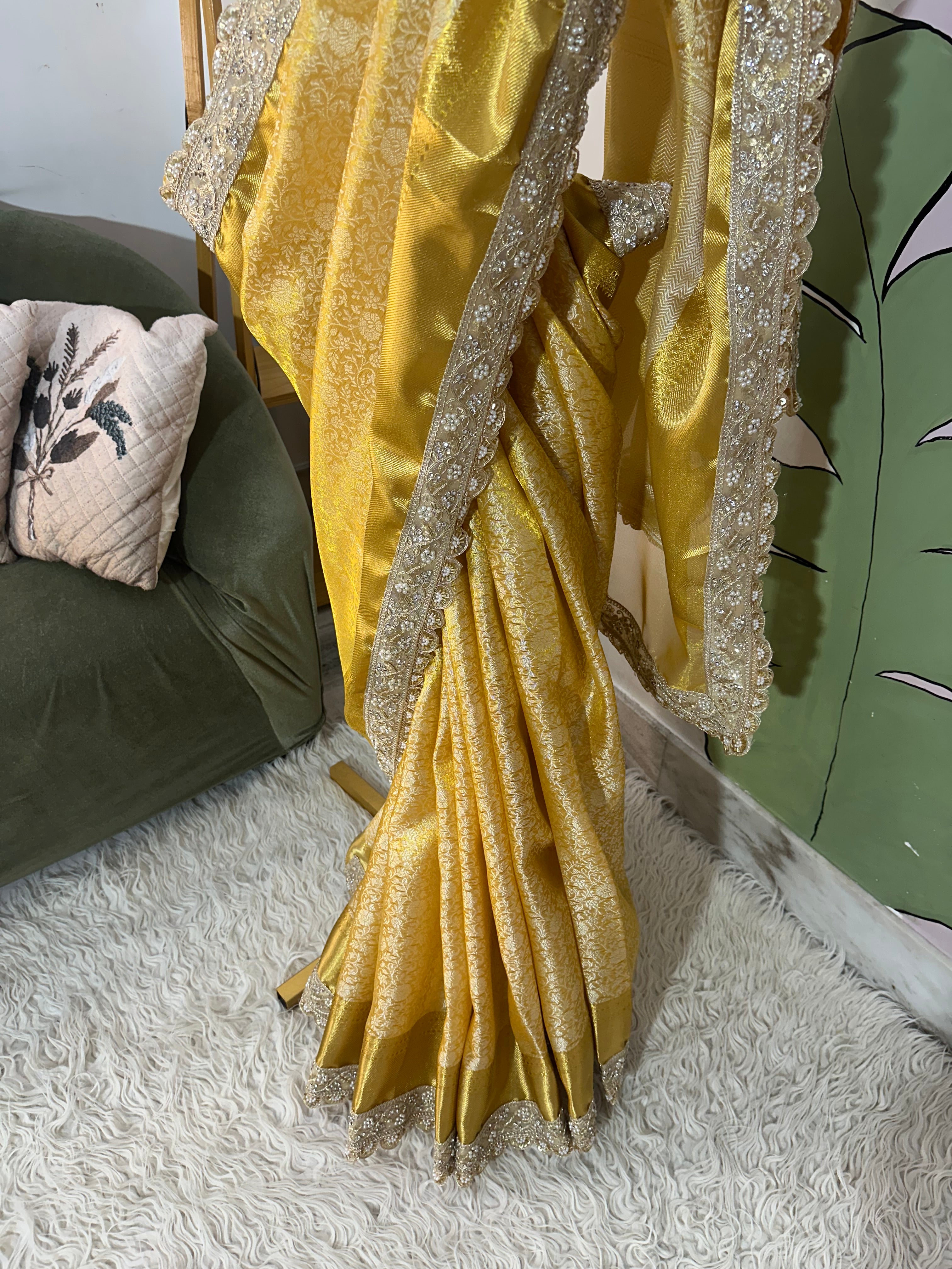 Gold Bridal Kanjeevaram Brocade Tissue Saree with Designer Pearl and Mirror Lace Work Jhalar Lace on Pallu 