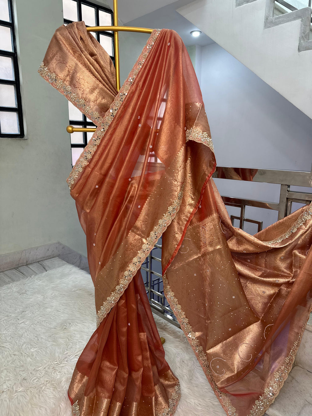 Designer Banarasi Tissue Saree with Pearl Work on all over Body with Intricate Border and Pallu Design Along with Gotta Patti Lace Work