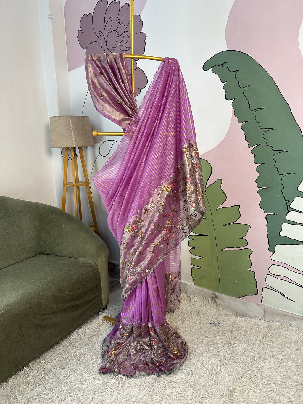 Lavender Designer Chiniya Tissue Silk Stripe Saree with multi color floral embroidered on Tissue Base